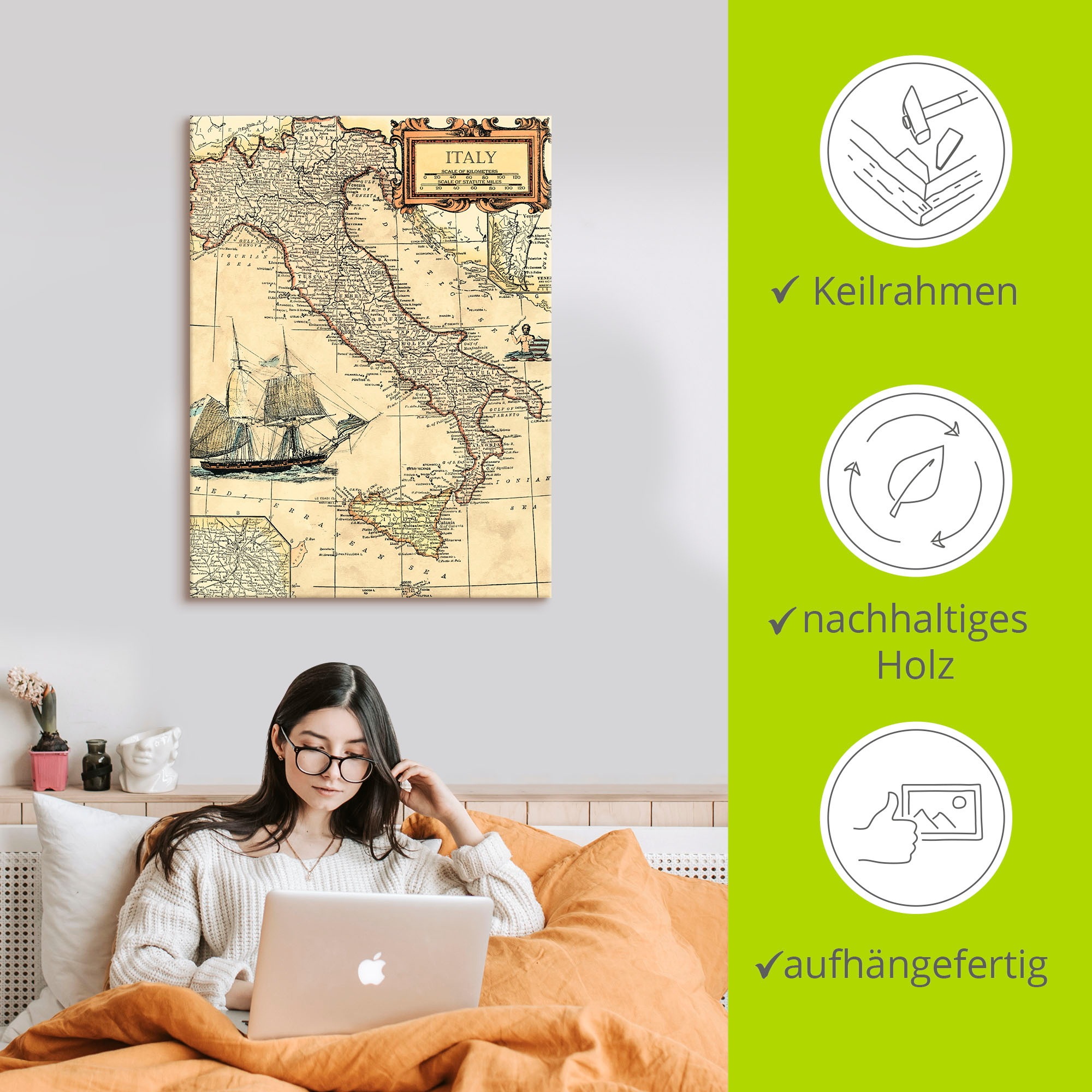 Artland Wandbild »Italienkarte«, Landkarten, (1 St.), als Leinwandbild, Poster in verschied. Grössen