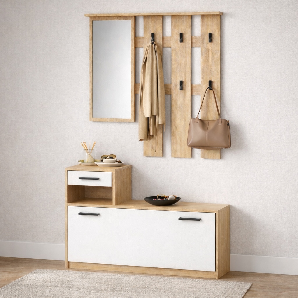 GOODproduct Garderoben-Set »Luna Kommode mit 1 Klappe + 1 Schubkasten, Paneel mit Spiegel 6 Haken« 2 Stk. tlg.