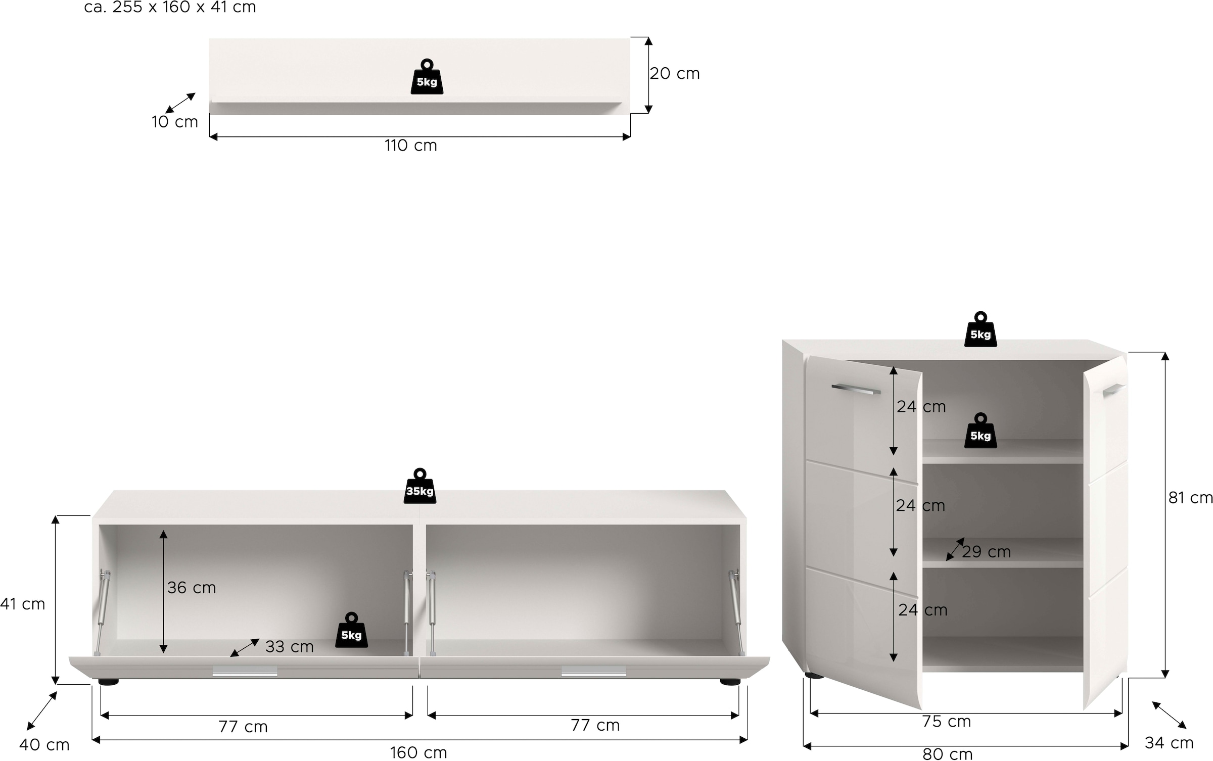 INOSIGN Wohnwand »FLORENZ, 3-teilige Wohn-Kombination, hochwertige MDF-Front« Set, Set, best. aus: 1 Kommode, 1 Lowboard, 1 Wandboard, 3 Stk. tlg.