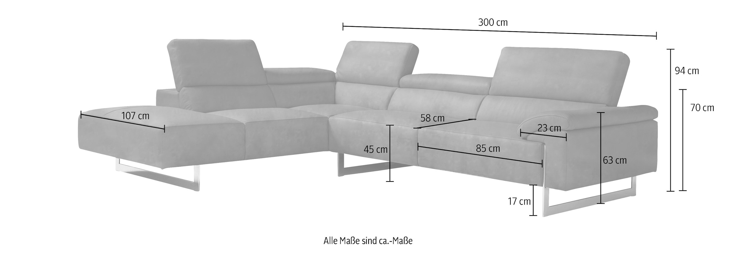 Egoitaliano Ecksofa »Malika«, mit Ottomane, inkl. Kopfteilverstellung und chromfarbenen Metallfüssen