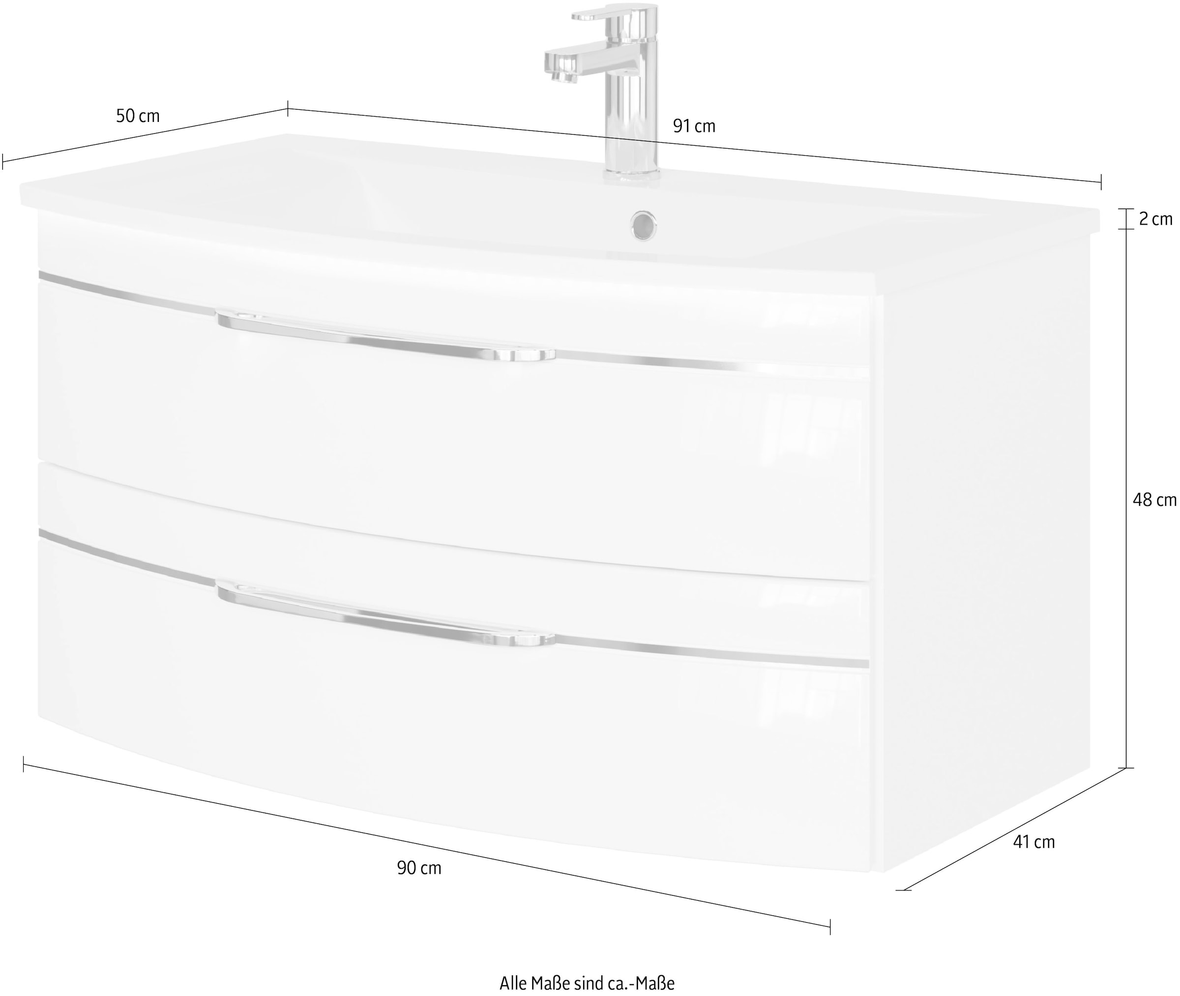 Saphir Waschtisch »Serie 7045 Mineralmarmor-Waschtisch und Unterschrank, 91 cm breit« Waschplatz mit 2 Schubladen, Badmöbel Set mit Waschtisch
