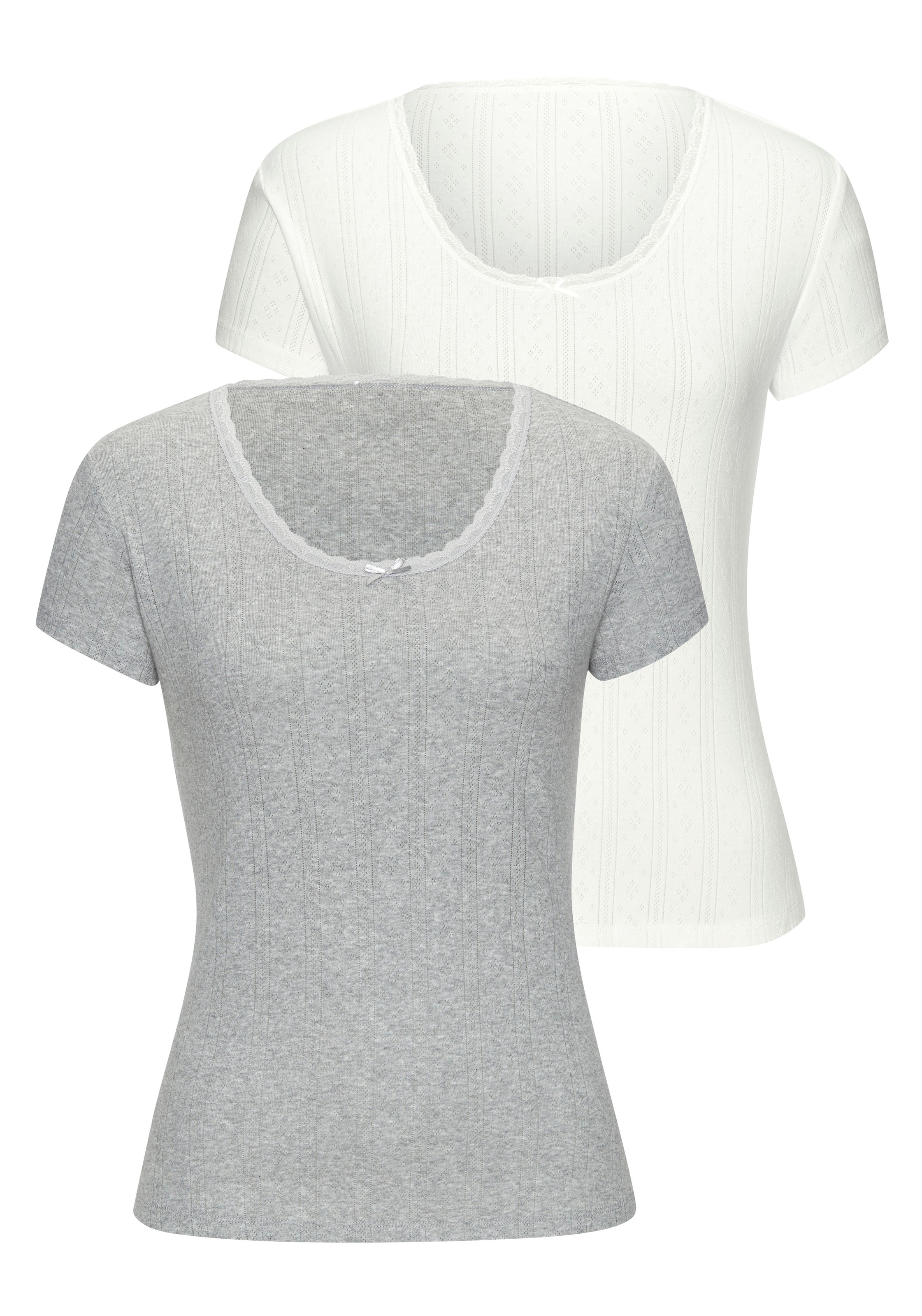 Image of Vivance T-Shirt 2er-Pack, aus feiner Pointelle-Ware mit Spitze, reine Baumwolle