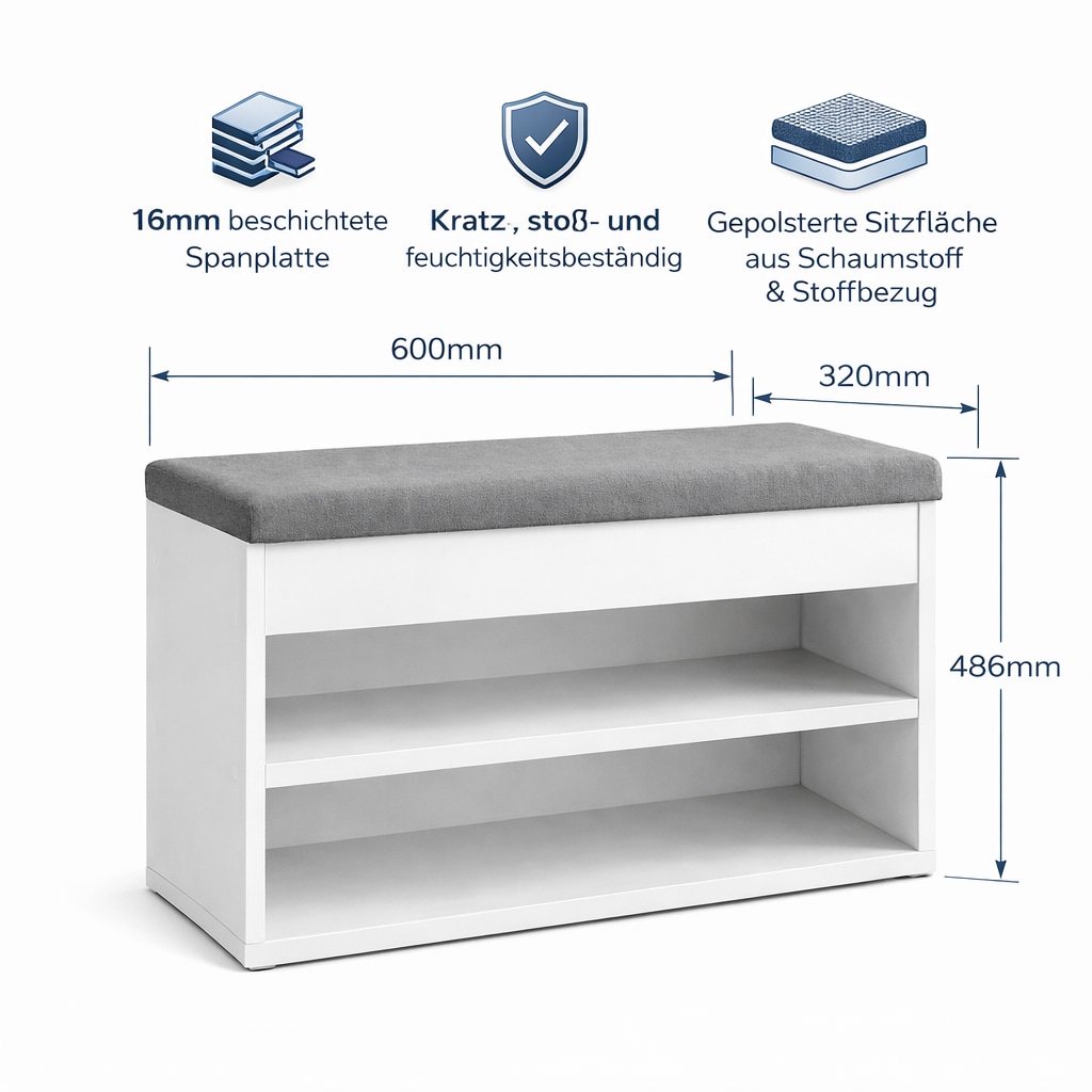 GOODproduct Banc à chaussures »Schuchschrank 60,  Schuhregal, Schuhtruhe, Schuhkommode, Sitzbank« Inkl. bequemem Sitzkissen mit Stauraum darunter