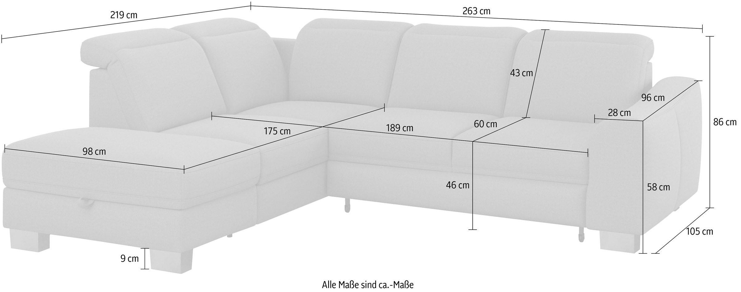 sit&more Ecksofa »Dundee L-Form«, mit Federkern und Edelstahlfüssen, wahlweise mit Kopfteilverstellung