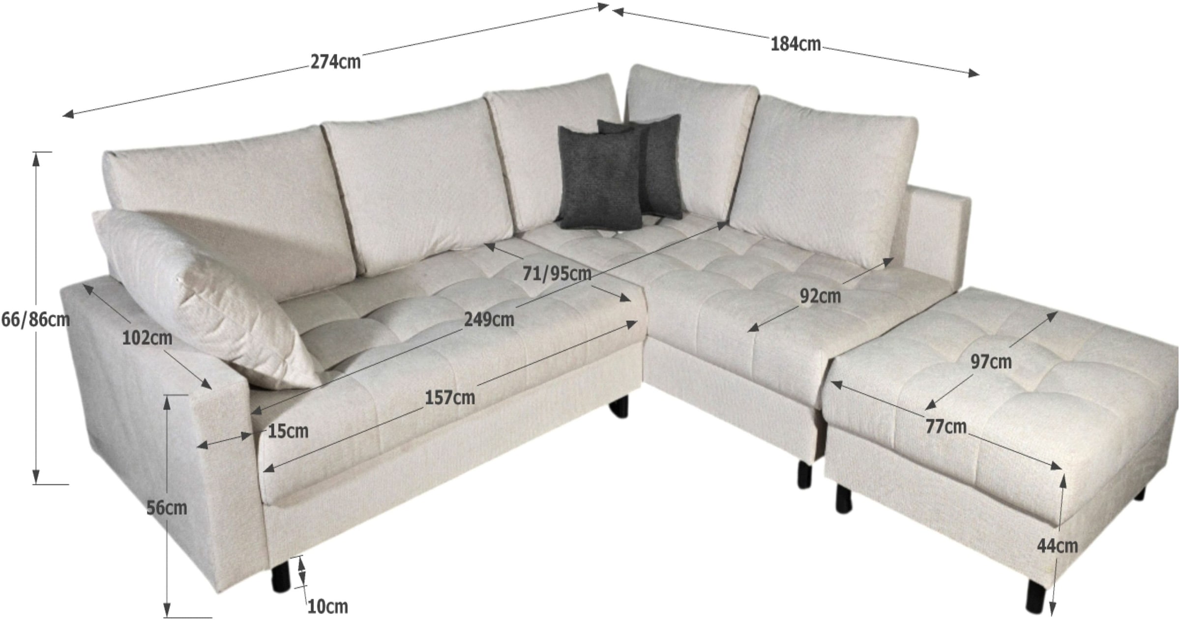COLLECTION AB Canapé d'angle »Toni L-Form 274 cm« Set : canapé & pouf, 2 coussins décoratifs, ressorts Bonell