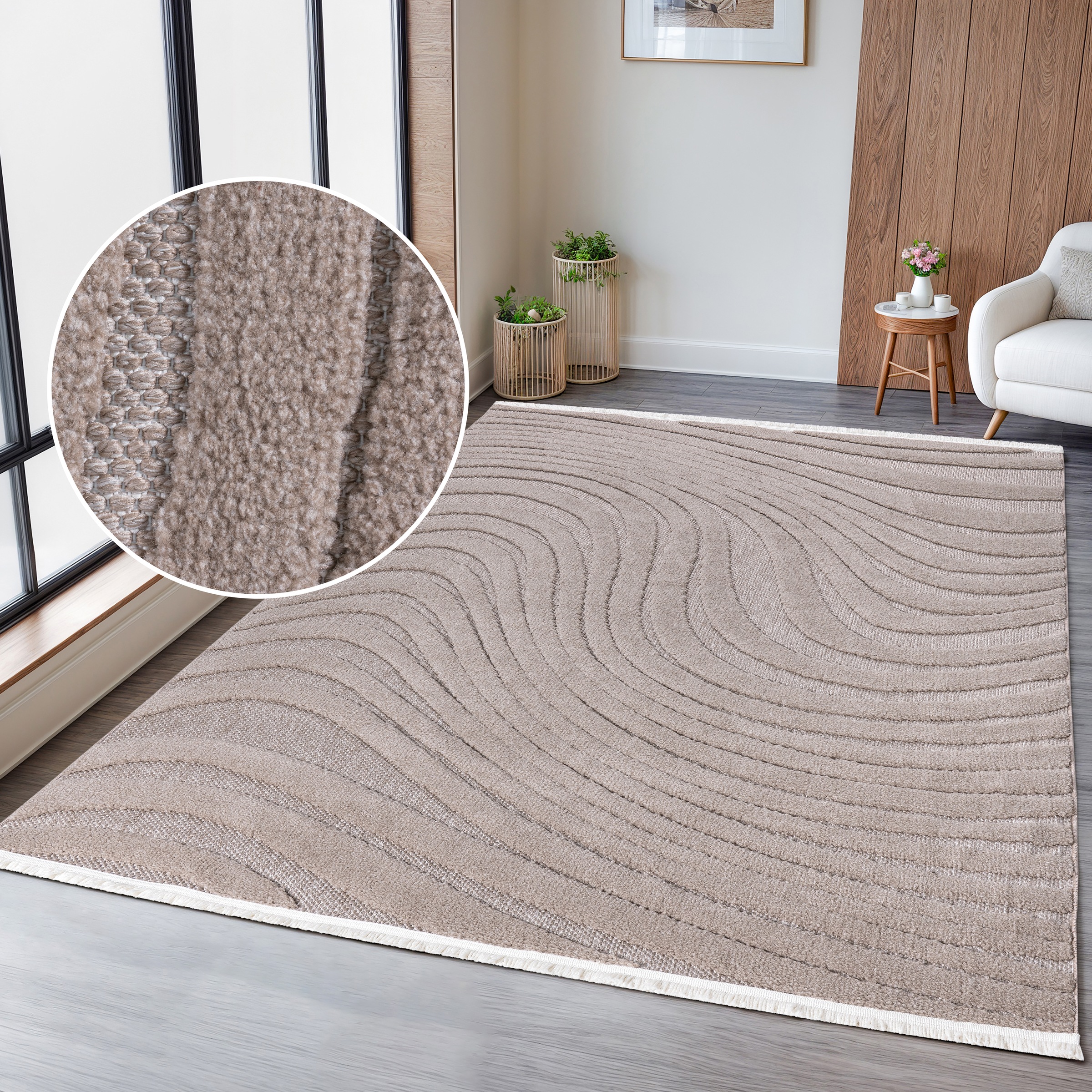 Image of GOODproduct Teppich "Samelia mit Fransen, Wellendesign, Balkon, Camping" rechteckig 6 mm Höhe Hoch-Tief-Struktur, In- und Outdoor geeignet für Küche oder Esszimmer
