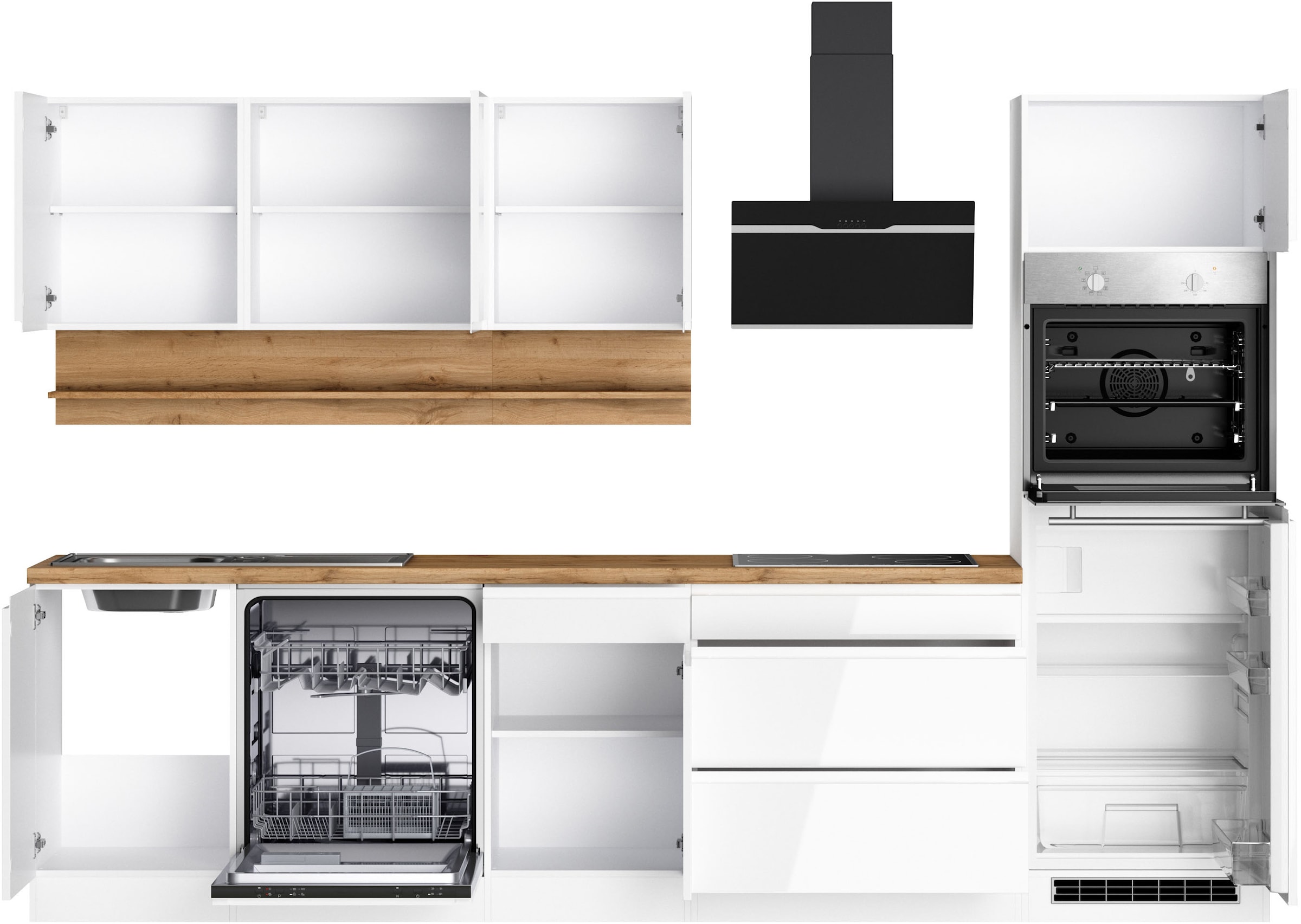 KOCHSTATION Küchenzeile »KS-Virginia,neu in verbesserter Ausführung« Arbeitsplatte 38 mm stark, Stauraum, Softclose,  Breite 300 cm, Soft-Close, wahlweise mit E-Geräten