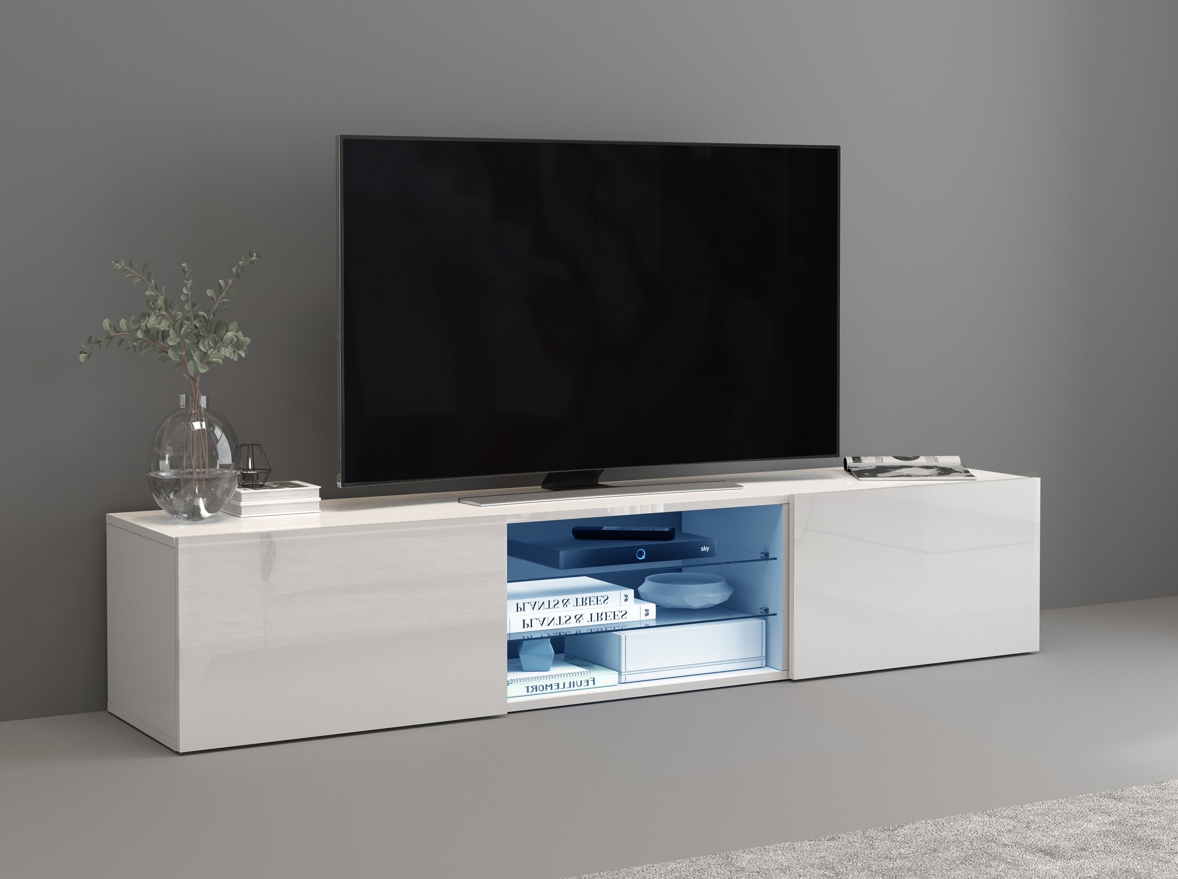 Image of GOODproduct Lowboard "Egypt,Lowboard,TV-Kommode,TV-Möbel,TV-Bank" mit 2 Klappen, 2 Glasböden, Türen Hochgl. lackiert (B/T/H)180x38x35 cm
