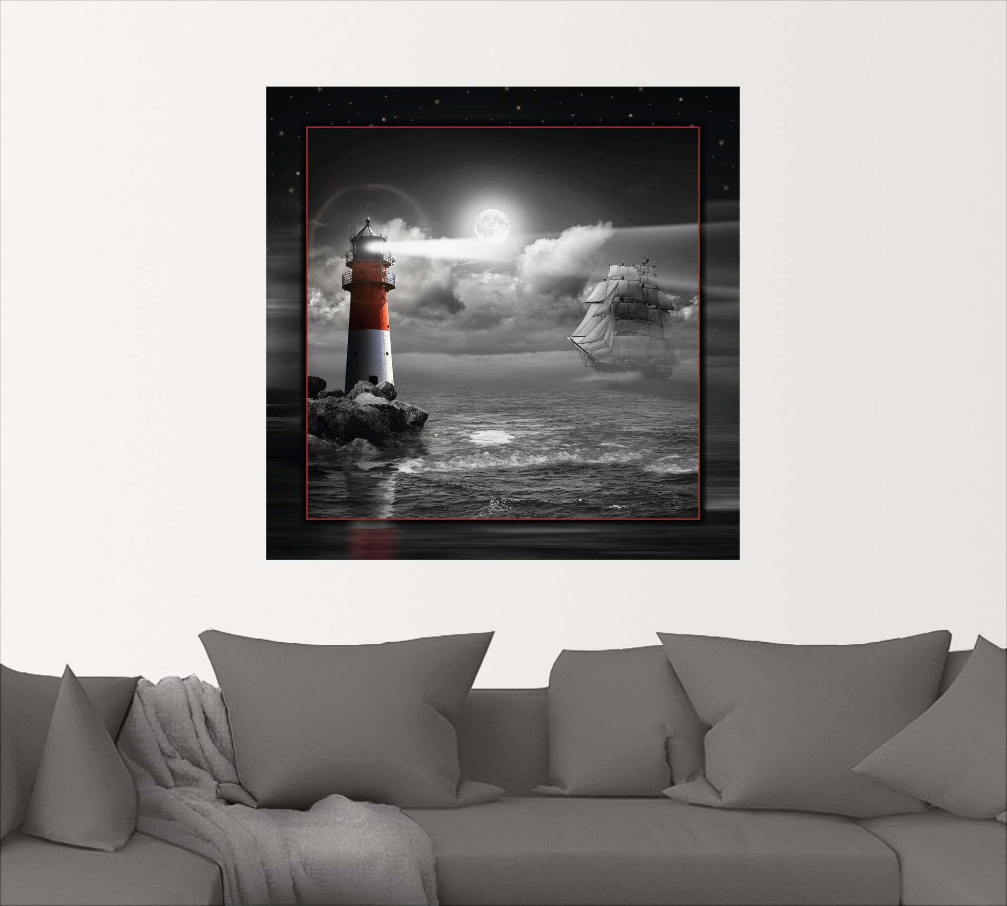 Artland Wandbild »Leuchtturm und Segelschiff im Mondschein«, Küste, (1 St.), als Leinwandbild, Poster, Wandaufkleber in verschied. Grössen