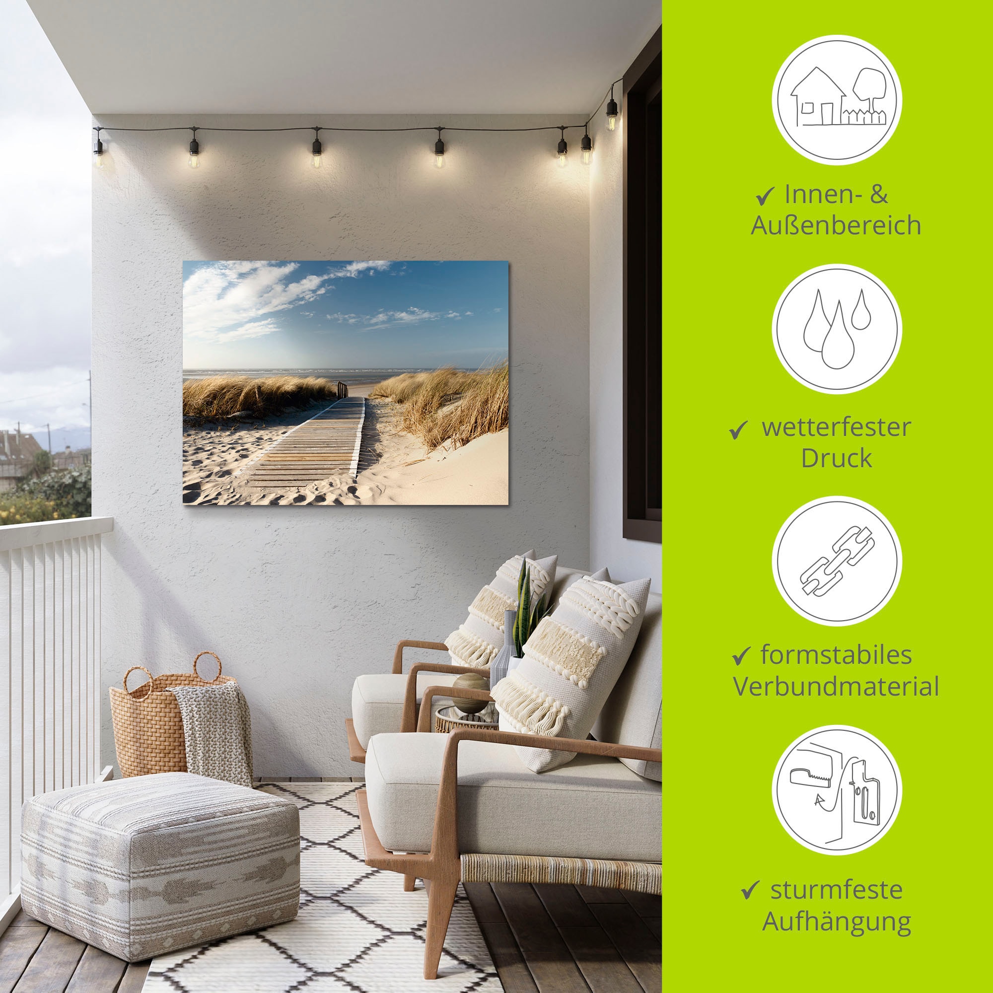 Artland Wandbild »Nordseestrand auf Langeoog - Steg«, Strand, (1 St.), als Alubild, Outdoorbild, Leinwandbild, Wandaufkleber, versch. Grössen