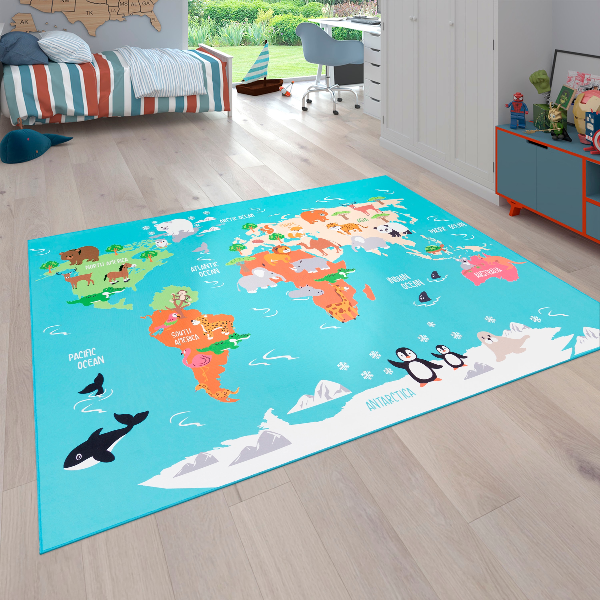 Image of Paco Home Kinderteppich "Bino 564" rechteckig 4 mm Höhe Kurzflor, Motiv Weltkarte, Kinderzimmer