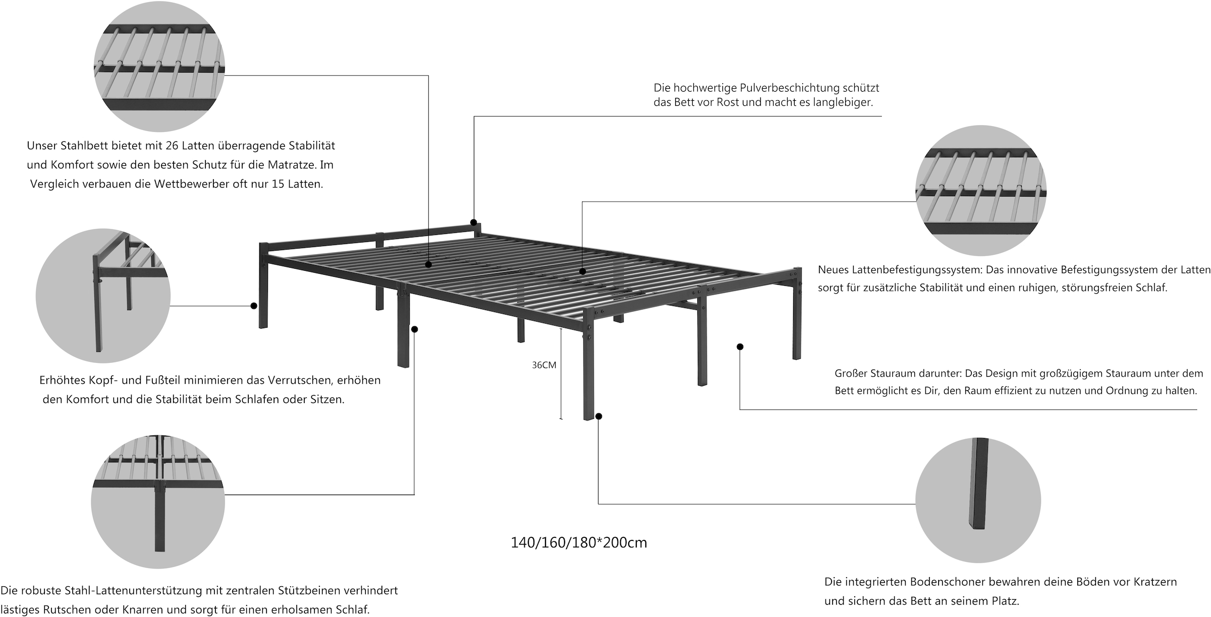 GOODproduct Metallbett »LIST Bett Bettgestell Bettrahmen Einzelbett Doppelbett« Stahlbett schwarz in TOP Qualität und 4 Breiten,  Bett mit 26 Lattenroste zum Schutz der Matratze Bestseller