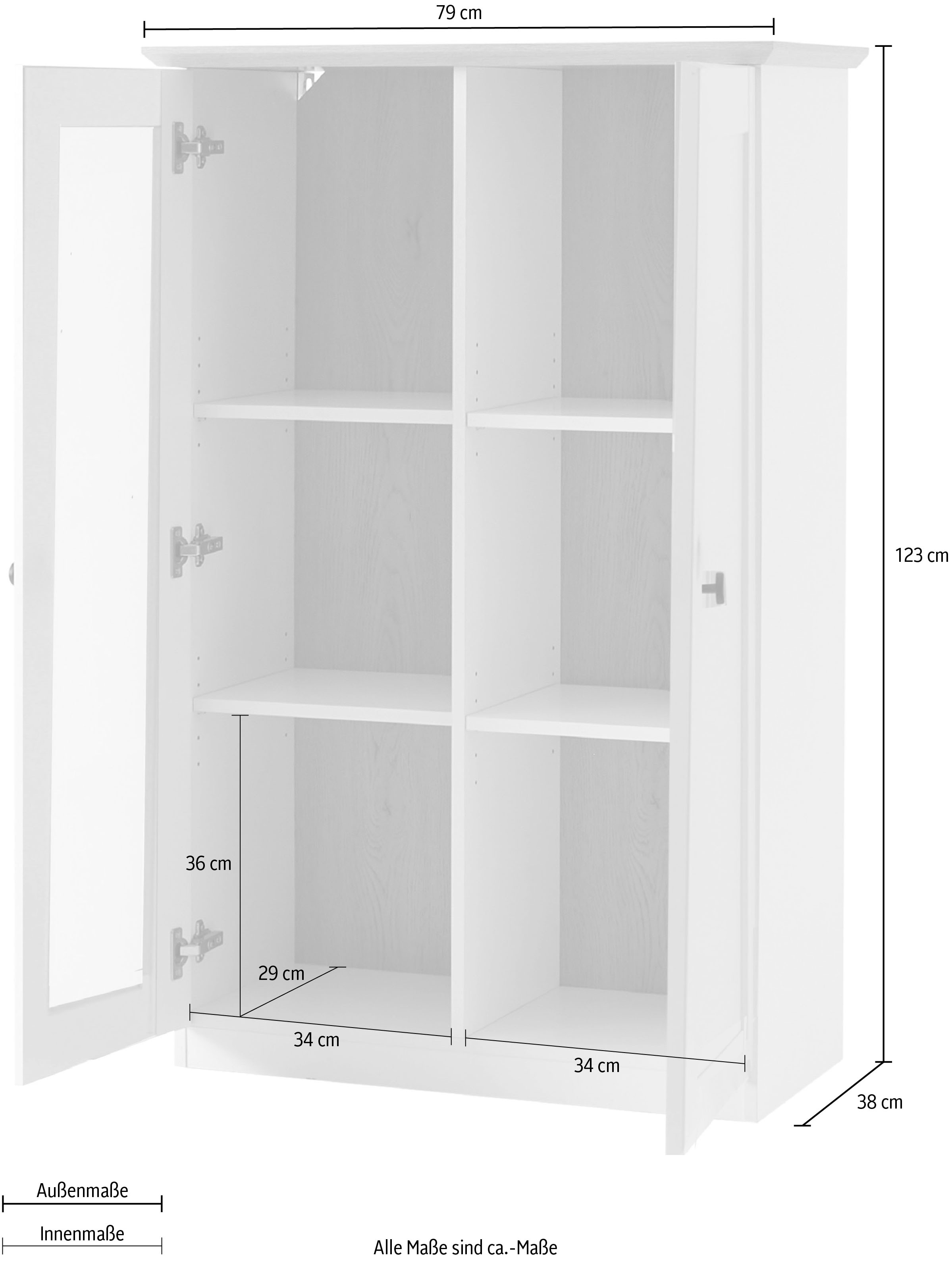 GOODproduct Vitrine »Brest, Standvitrine im Landhausstil, Glasvitrine, Vitrinenschrank« schwarze Metallgriffe, ausreichend Stauraum, Glastür, 123 cm hoch