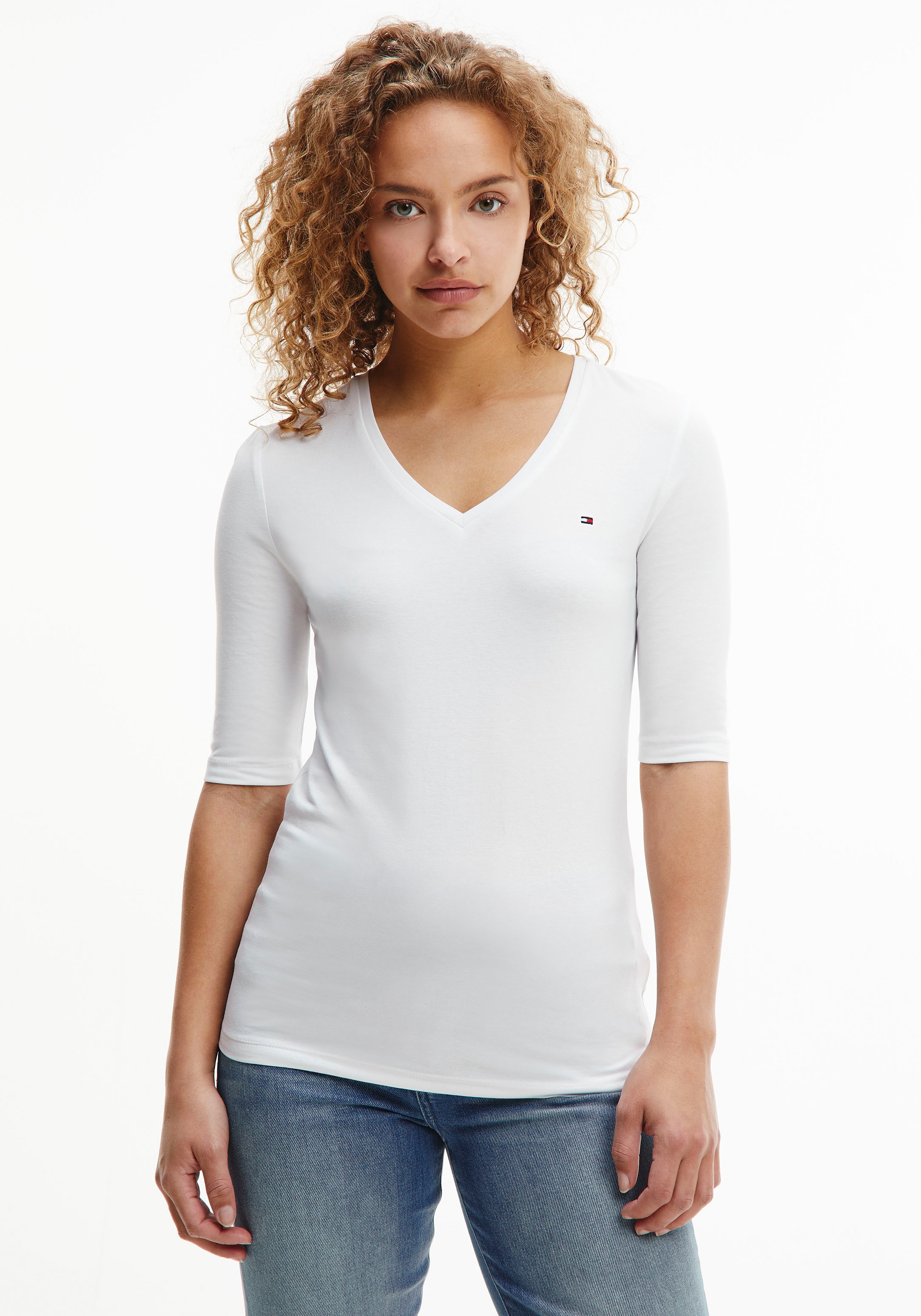 Image of Tommy Hilfiger V-Shirt »TH ESS SOLID V-NK TOP 1/2 SLV«, mit modischen Tommy Streifen & Flag bei Ackermann Versand Schweiz