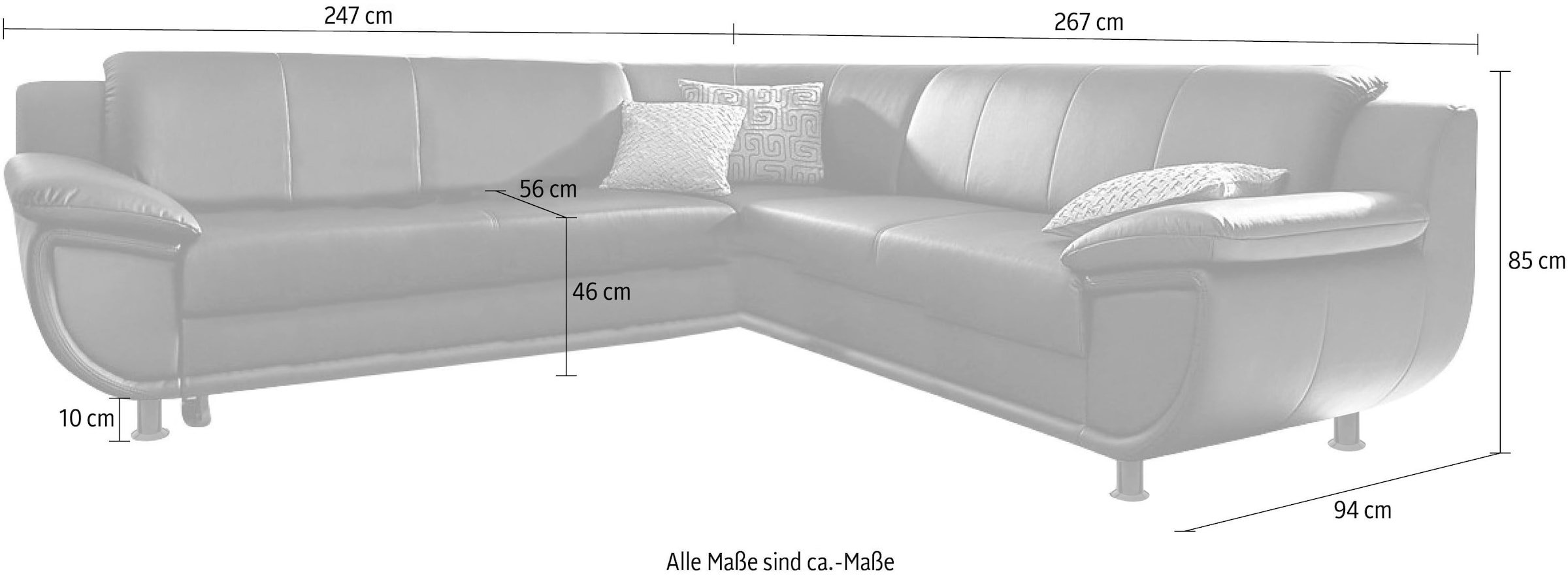 TRENDMANUFAKTUR Ecksofa »Rondo wahlweise mit Schlaffunktion, 267x247 cm (BxT), breite Armlehnen« L-Form, wahlweise mit Federkern bestellbar, Füsse schwarz
