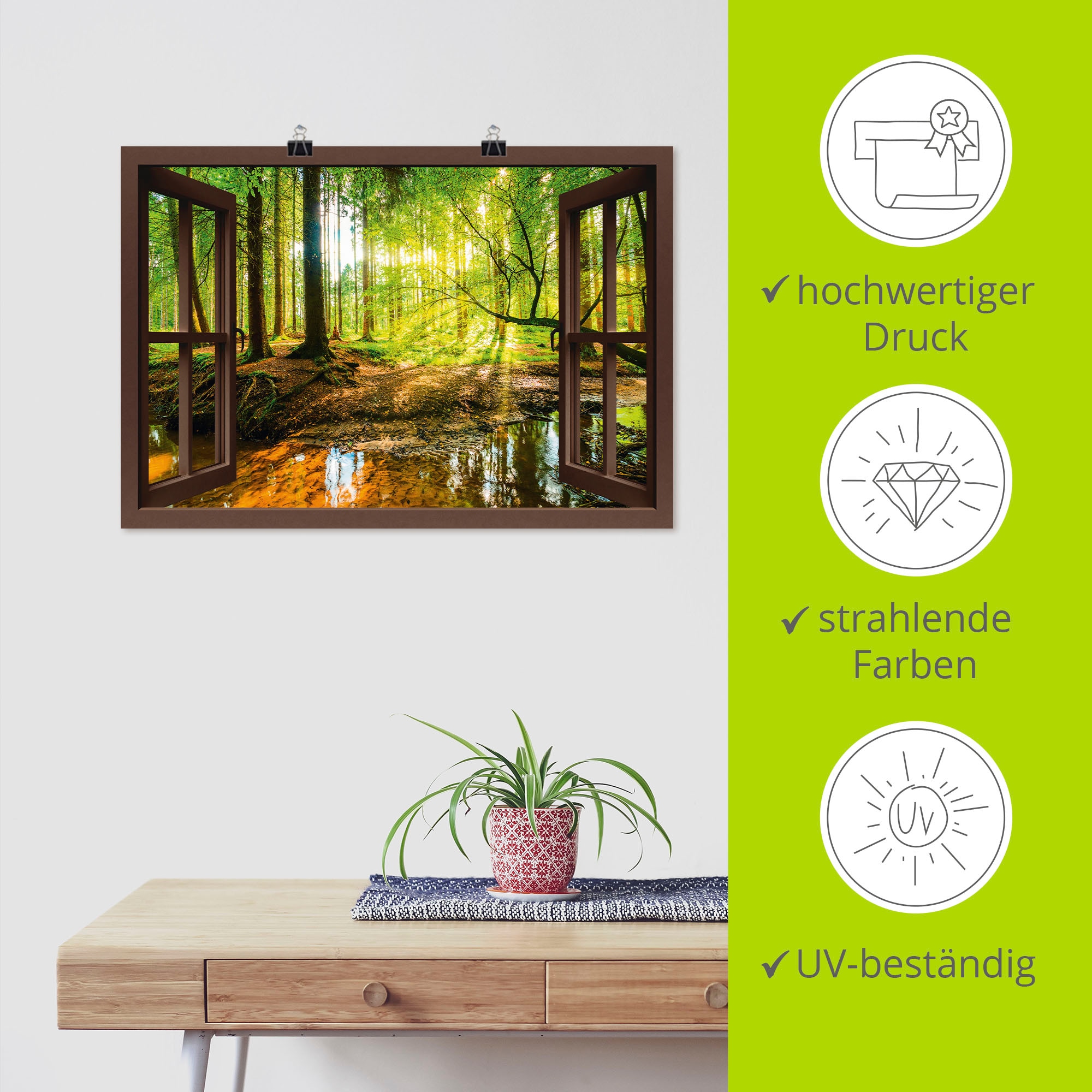 Artland Wandbild »Fensterblick - Wald mit Bach«, Wald, (1 St.), als Leinwandbild, Poster, Wandaufkleber in verschied. Grössen