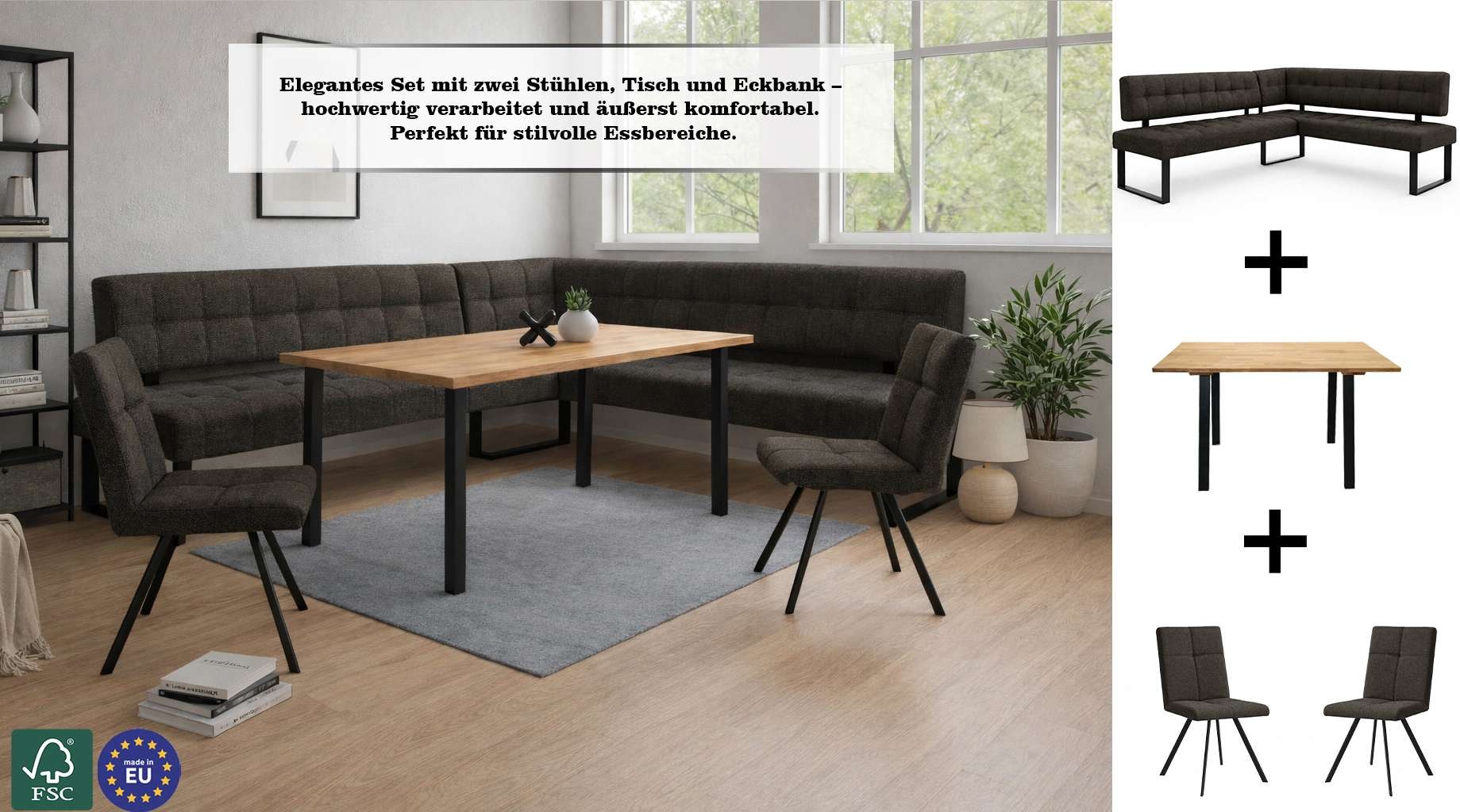 Home affaire Ensemble de bancs d'angle »Mia Essecke, Sitzgruppe, Eckbankgruppe, Küchenbankgruppe« Set, 4er, 4 tlg. Eckbank mit Wellenfederung; Tisch in Eiche massiv