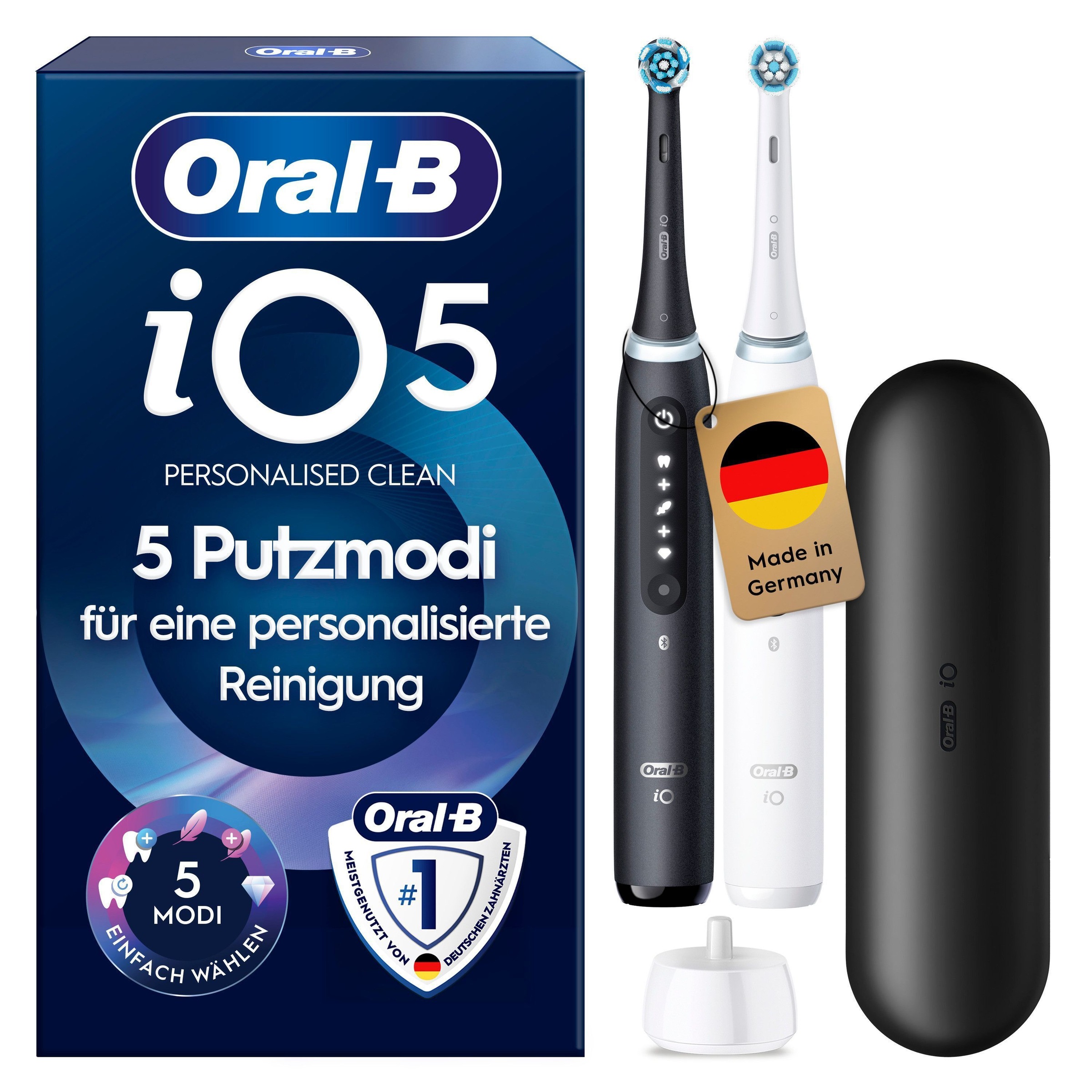 Image of Oral-B Elektrische Zahnbürste "iO 5 Duopack" 2 Stk. Aufsteckbürsten mit Magnet-Technologie, LED-Anzeige, 5 Putzmodi, Reiseetui