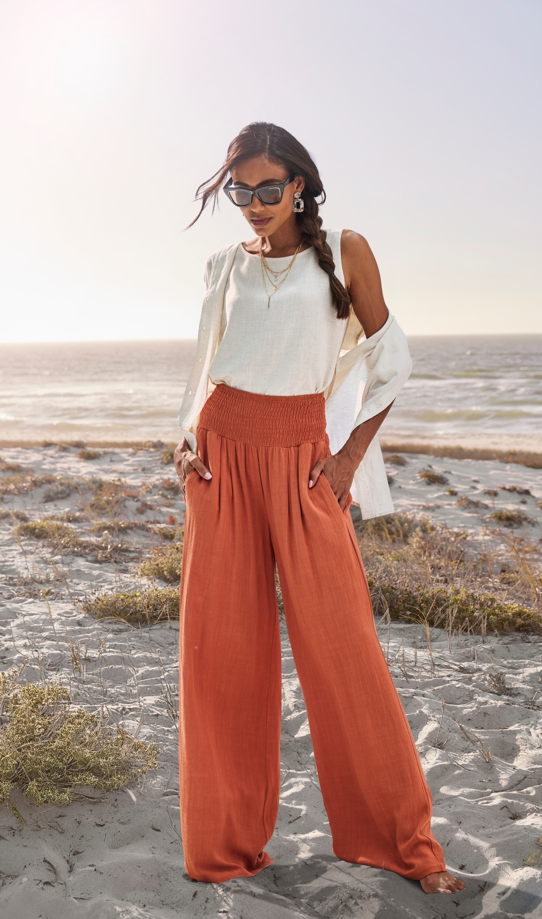 French Connection Pantalon en lin  mit gerafftem Bund, weite Palazzohose für den Sommer