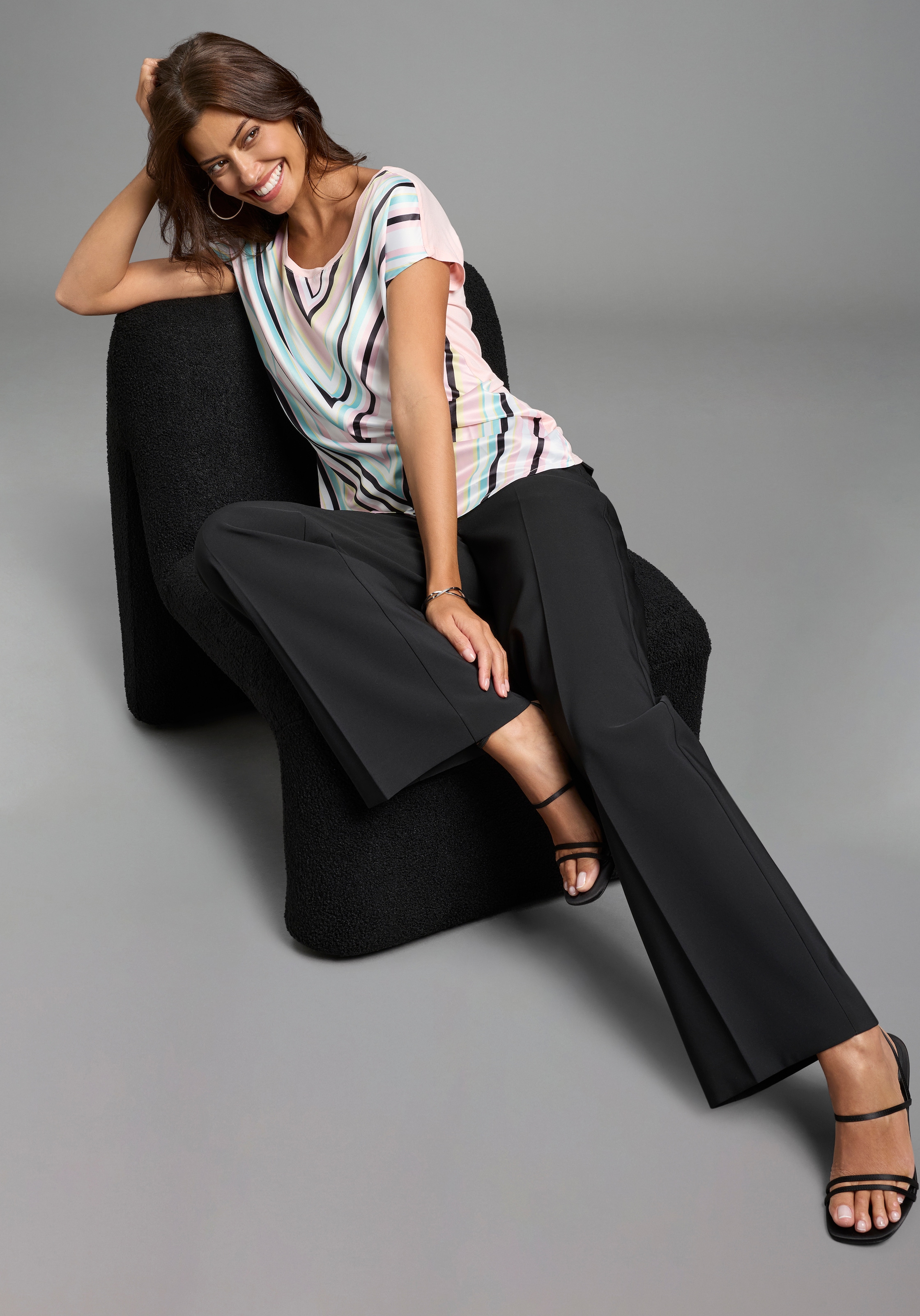 Laura Scott Shirtbluse gemustert und gestreift, femininer Stil, Rundhalsausschnitt