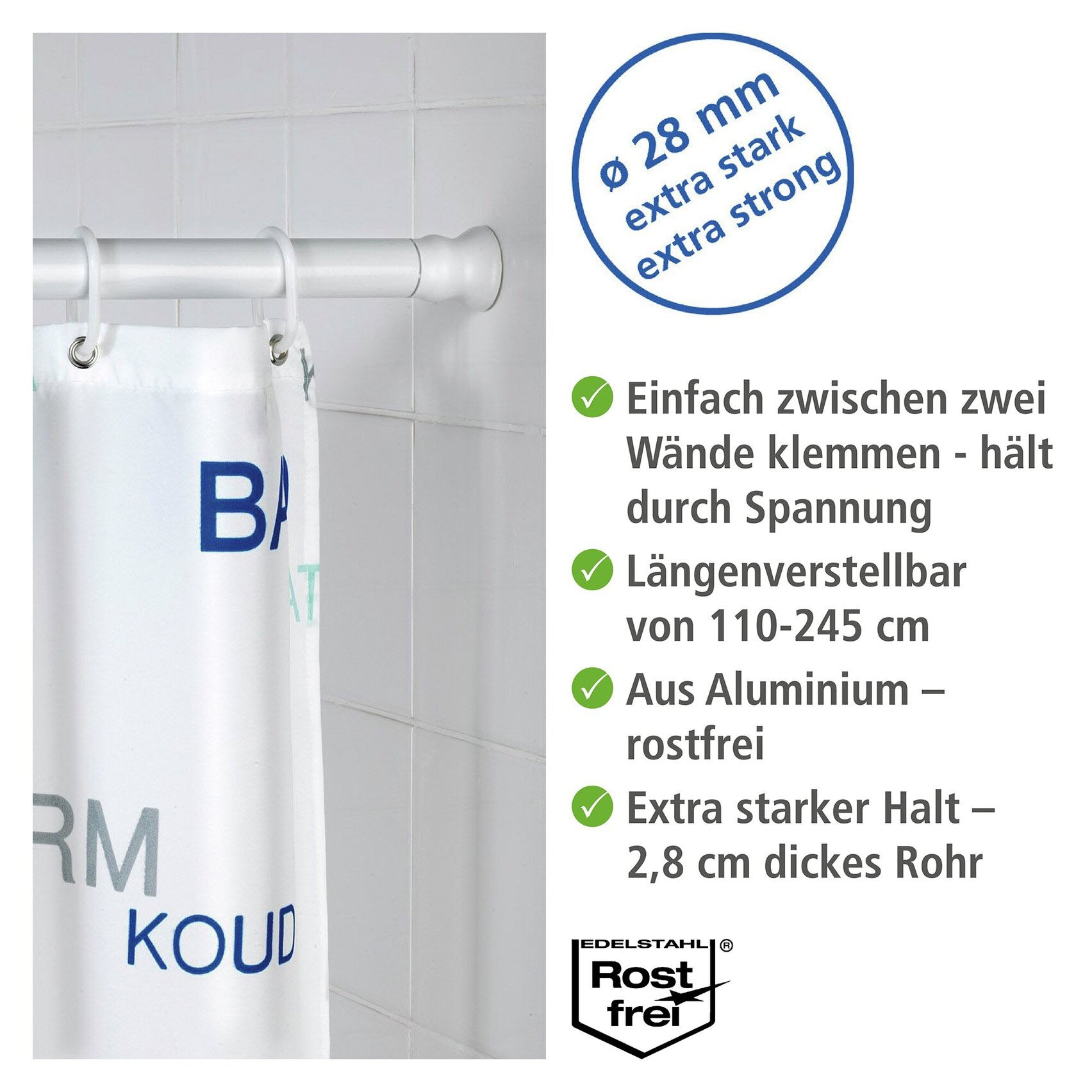 WENKO Klemmstange »Extra stark weiss« Ø 28 mm ausziehbar Teleskopstange für Duschvorhänge, Breite 110-245 cm