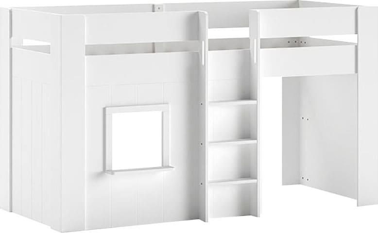 Vipack Lit superposé »Reno, ein tolles Hüttenbett mit hoher Standfestigkeit, weiss lackiert« L/H/P env. 206x120,1x105 cm, échelle centrale, fenêtre et protection anti-chute,  incl. sommier à lattes roulantes, arrière ouvert et aire de jeu sous le lit