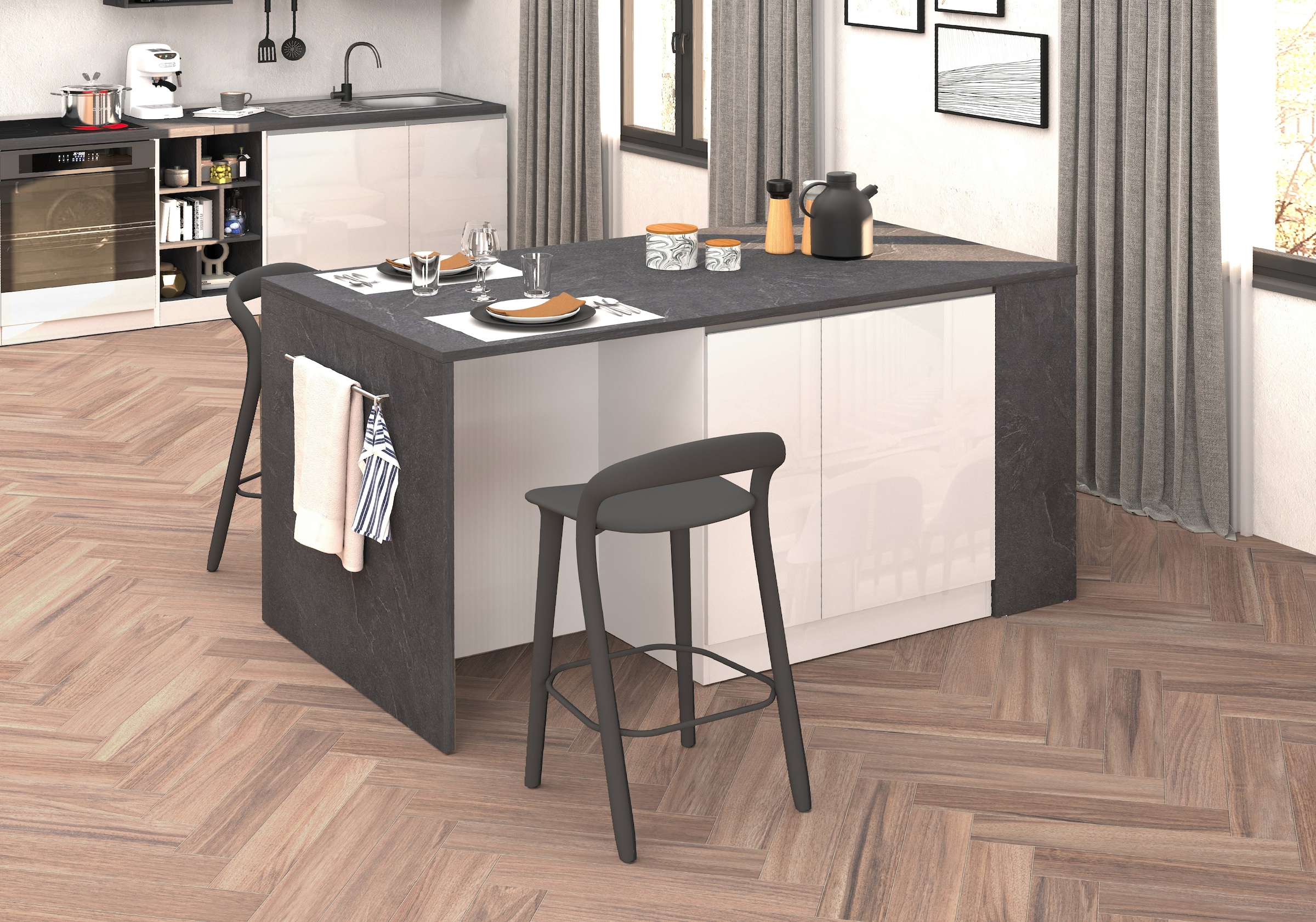 KOCHSTATION Ilot de cuisine »KS-Sole, Kochinsel, Küchenarbeitsblock, Arbeitsinsel, Made in Italy« Breite 167,5 cm, 2 Apothekerauszüge, 2 Essplätze, 1 offenes Regal