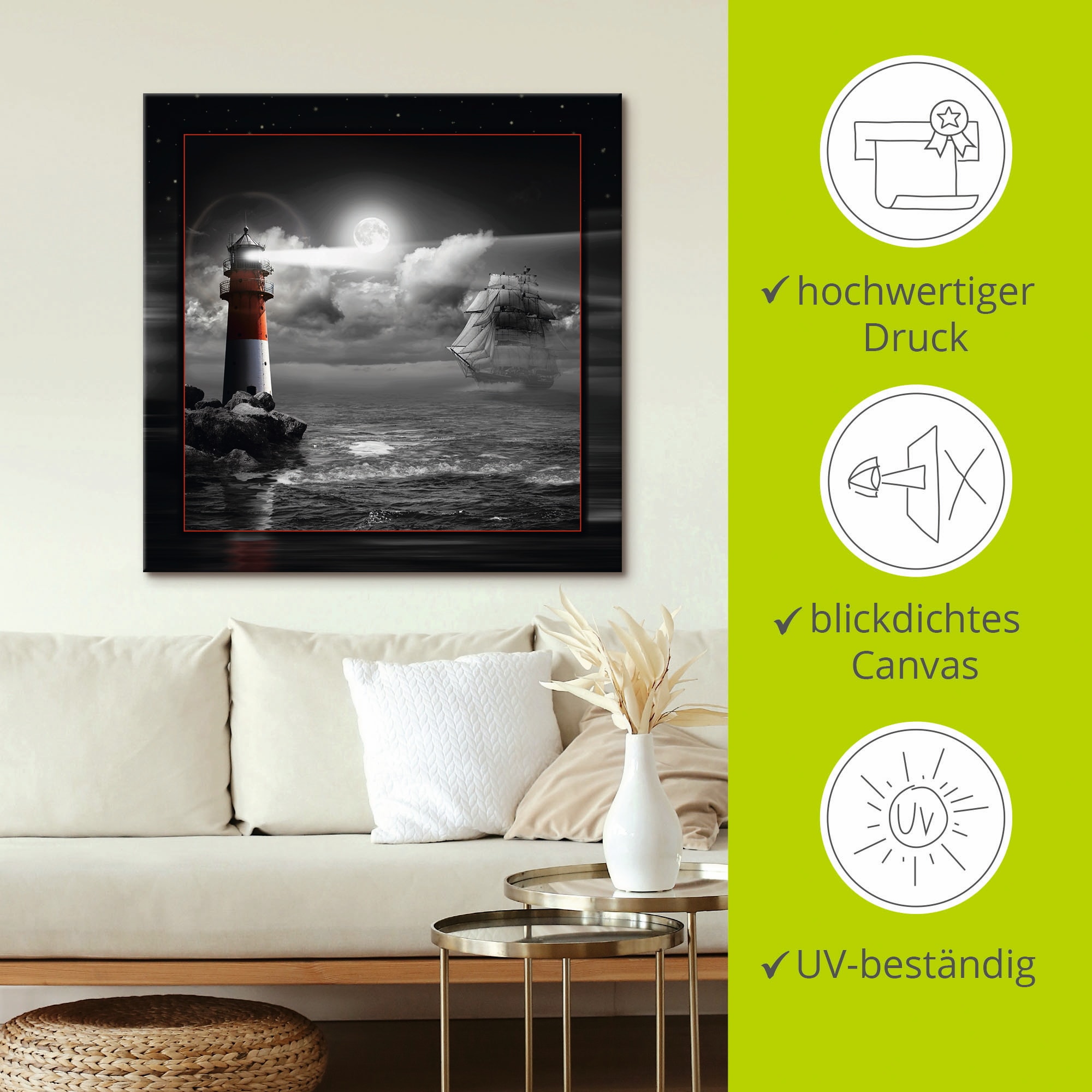 Artland Leinwandbild »Leuchtturm und Segelschiff im Mondschein« Küste 1 Stk. tlg. auf Holzrahmen gespannt
