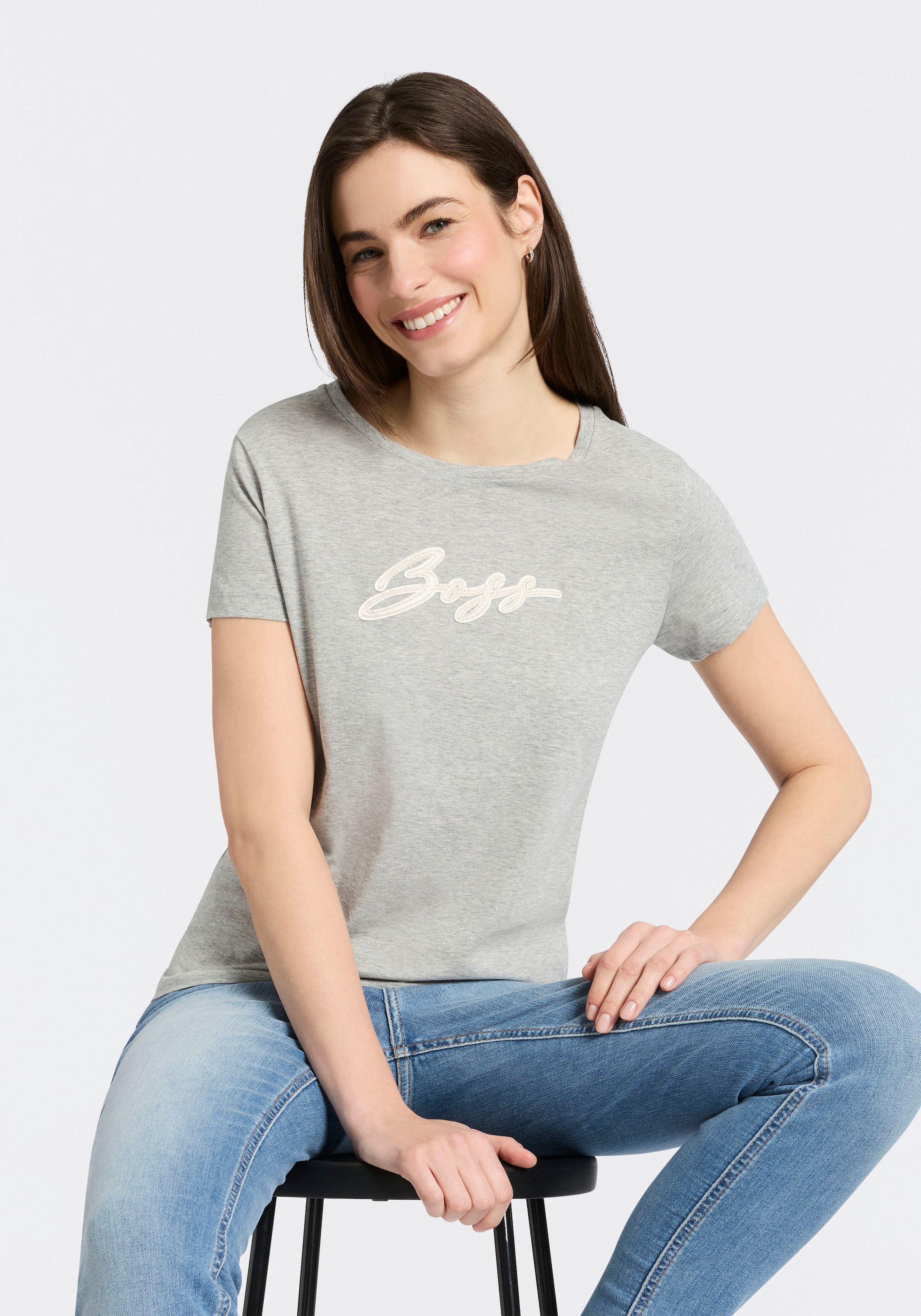 Image of BOSS ORANGE T-Shirt "Elove Premium Damenmode" mit Logoschriftzug, Slim Fit