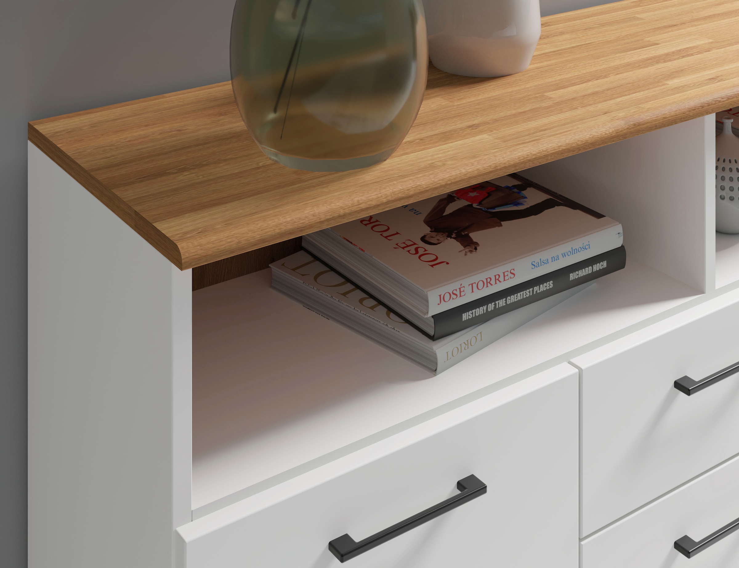 Home affaire Sideboard »Ribe,130cm breit,80cm hoch, 6 Fächer«, Oberplatte Eiche massiv,schwarze Metall Griffe