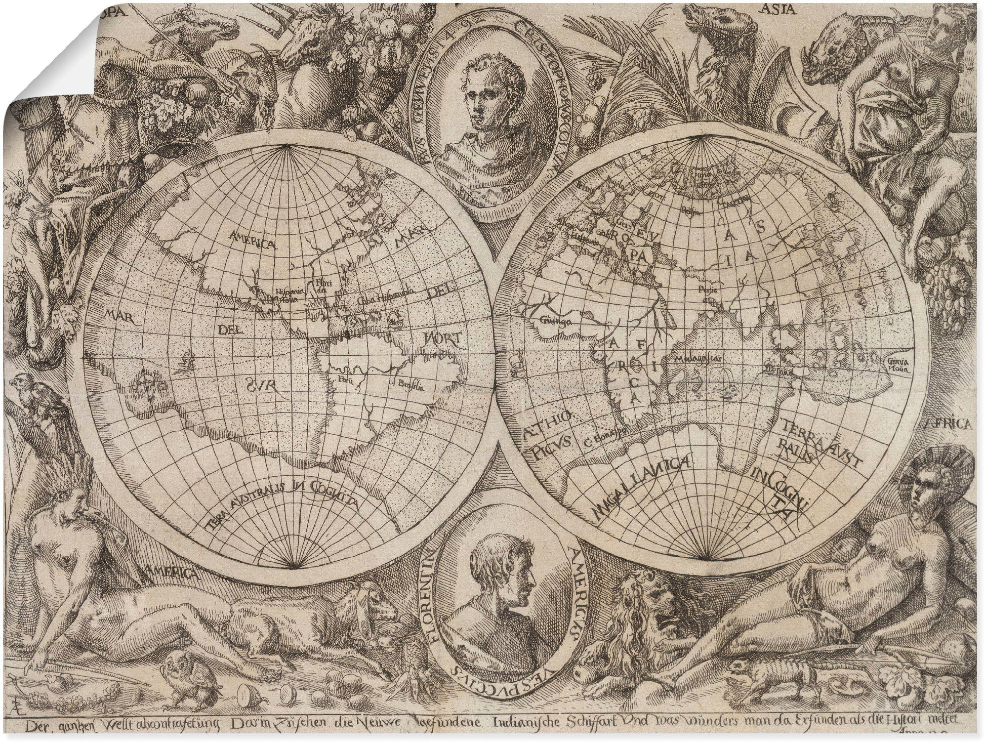 Artland Wandbild »Karte kaufen St.), Grössen Erdhemisphären. Landkarten, versch. in Wandaufkleber 1597«, (1 als oder Leinwandbild, Poster der