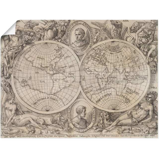 Artland Wandbild »Karte der Erdhemisphären. 1597«, Landkarten, (1 St.), als  Leinwandbild, Wandaufkleber oder Poster in versch. Grössen kaufen