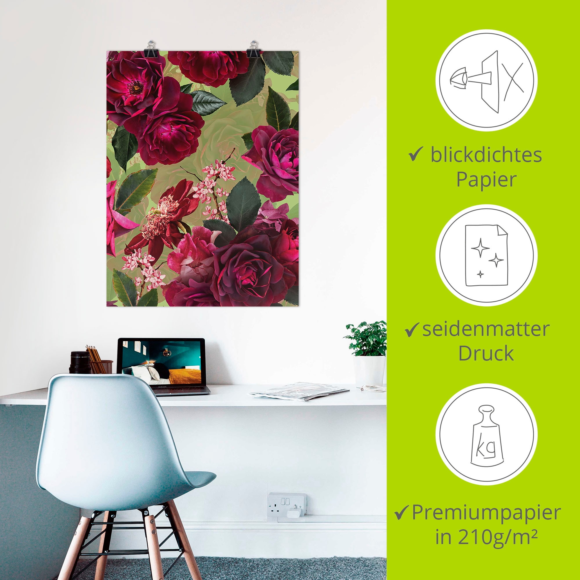 Artland Poster »Dunkle Rosen auf Grün« 1 cuis tlg. ohne Rahmen