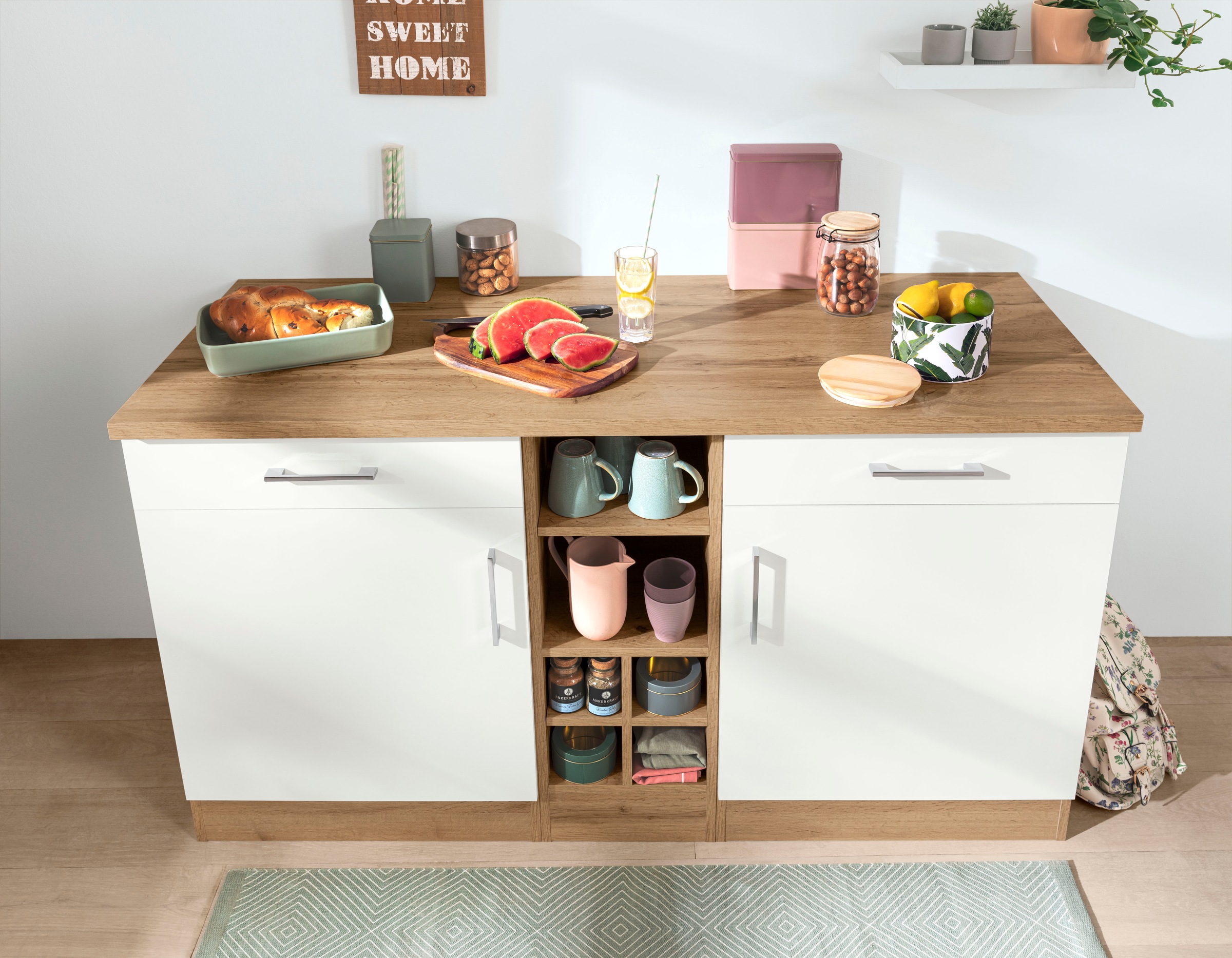 KOCHSTATION Armoire basse »KS-Colmar« 150 cm de large, 2 tiroirs, 2 portes, 6 compartiments, pour beaucoup d'espace de rangement