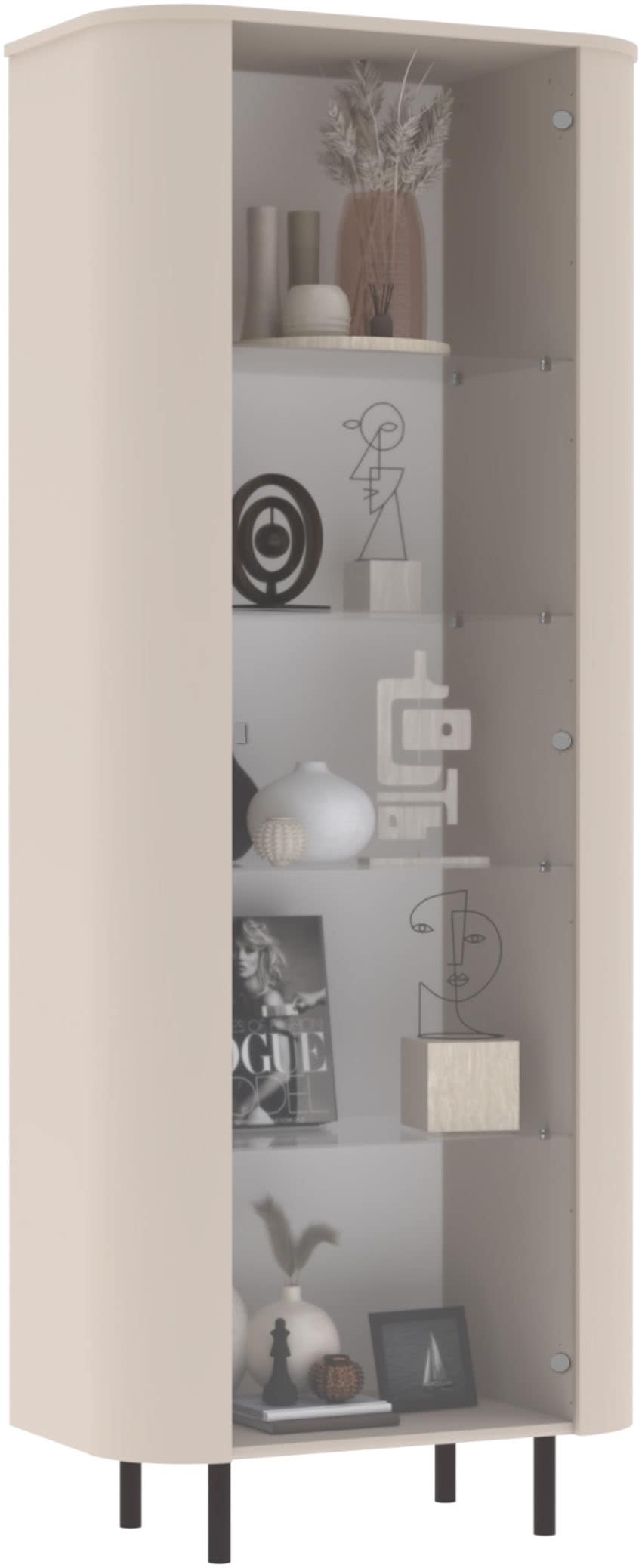 INOSIGN Vitrine »Lido, Standvitrine 200 cm hoch, 1 Tür, Glasvitrine, Vitrinenschrank« Gebogenes MDF, Stirnseiten mit Rundung, Metallfüsse, dekorativ & edel
