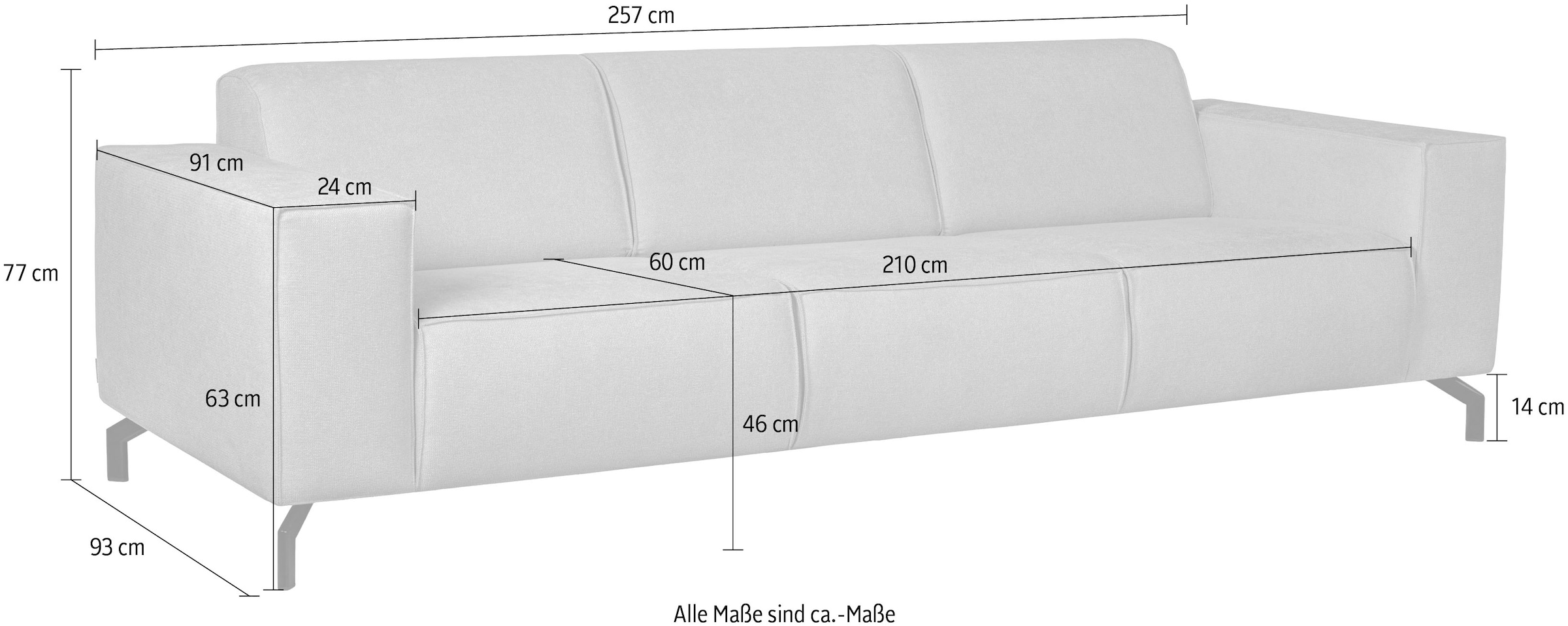Home affaire 3-Sitzer »Lorcan 257 cm, weiches Sitzgefühl« mit schwarzen Metallfüssen, Lederoptik und in weichem Strukturstoff