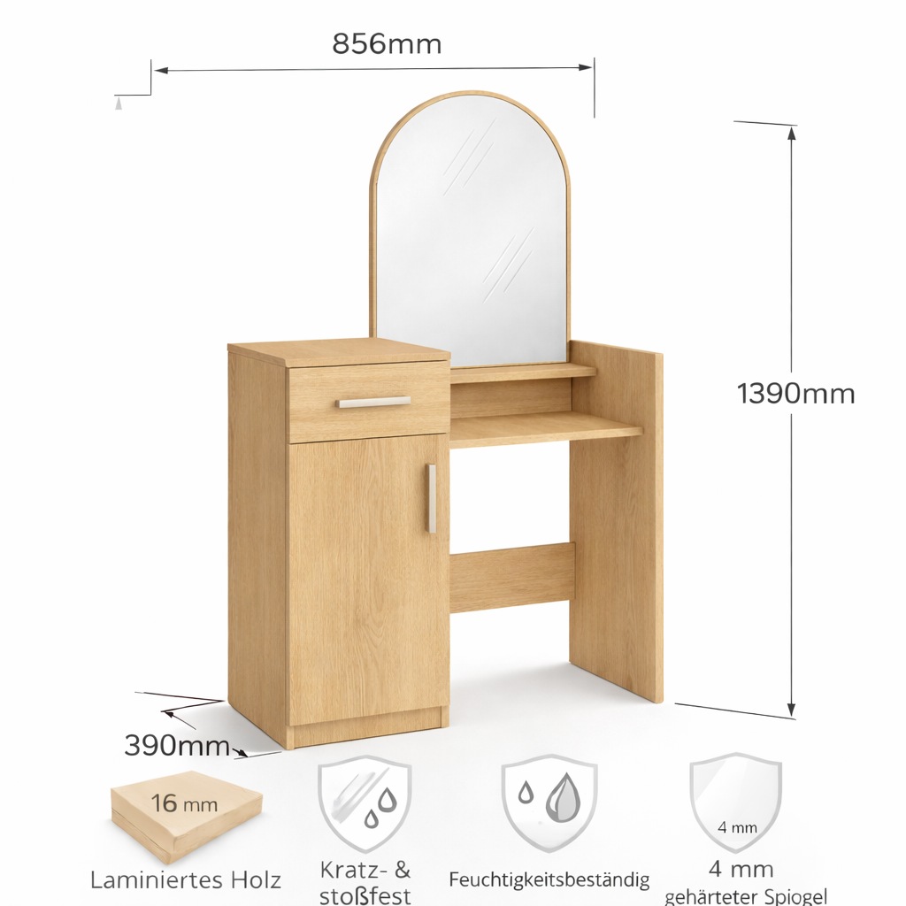 GOODproduct Coiffeuse »Trympo 1, Kosmetiktisch, Frisiertisch, Schminkkommode, Toilettentisch« Coiffeuse avec miroir et rangement (1 tiroir, 1 porte)