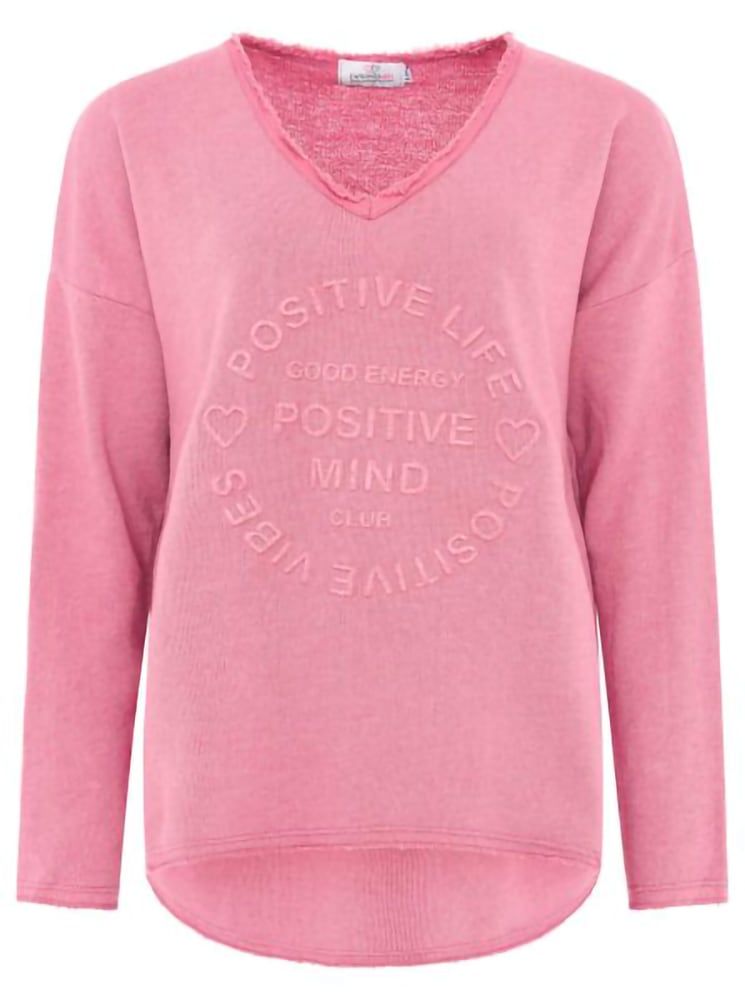 Zwillingsherz Sweat-shirt »"Positive Mind"«, ausgefranster V-Ausschnitt, Used Look, Langarm, Schriftzug
