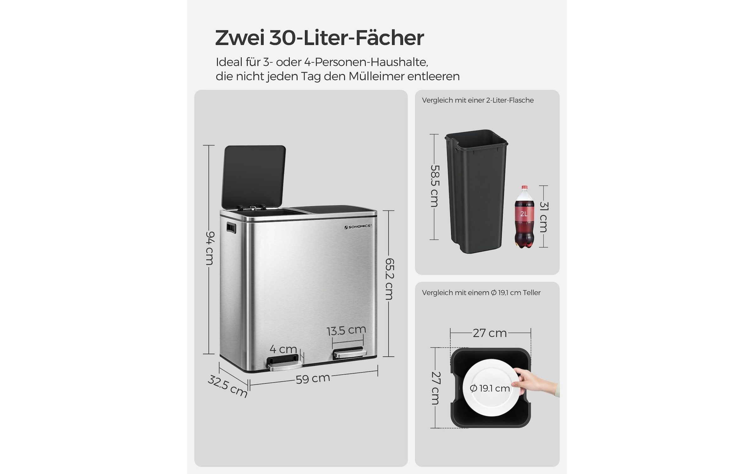 SONGMICS Mülleimer »2 x 30 l«, 2 Behälter