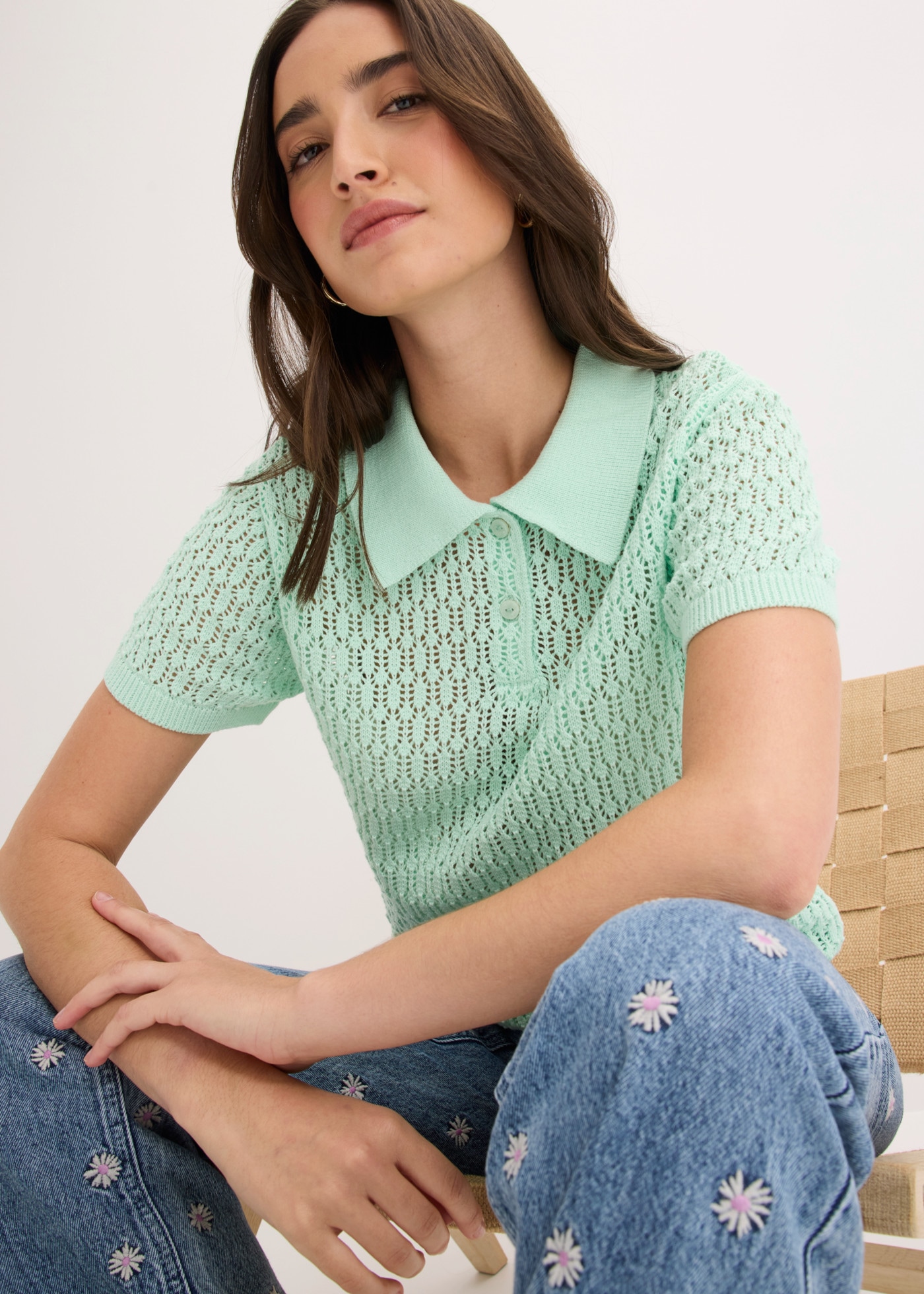 bonprix Pull en tricot en pur coton, coupe confortable, avec motif ajouré au tricot