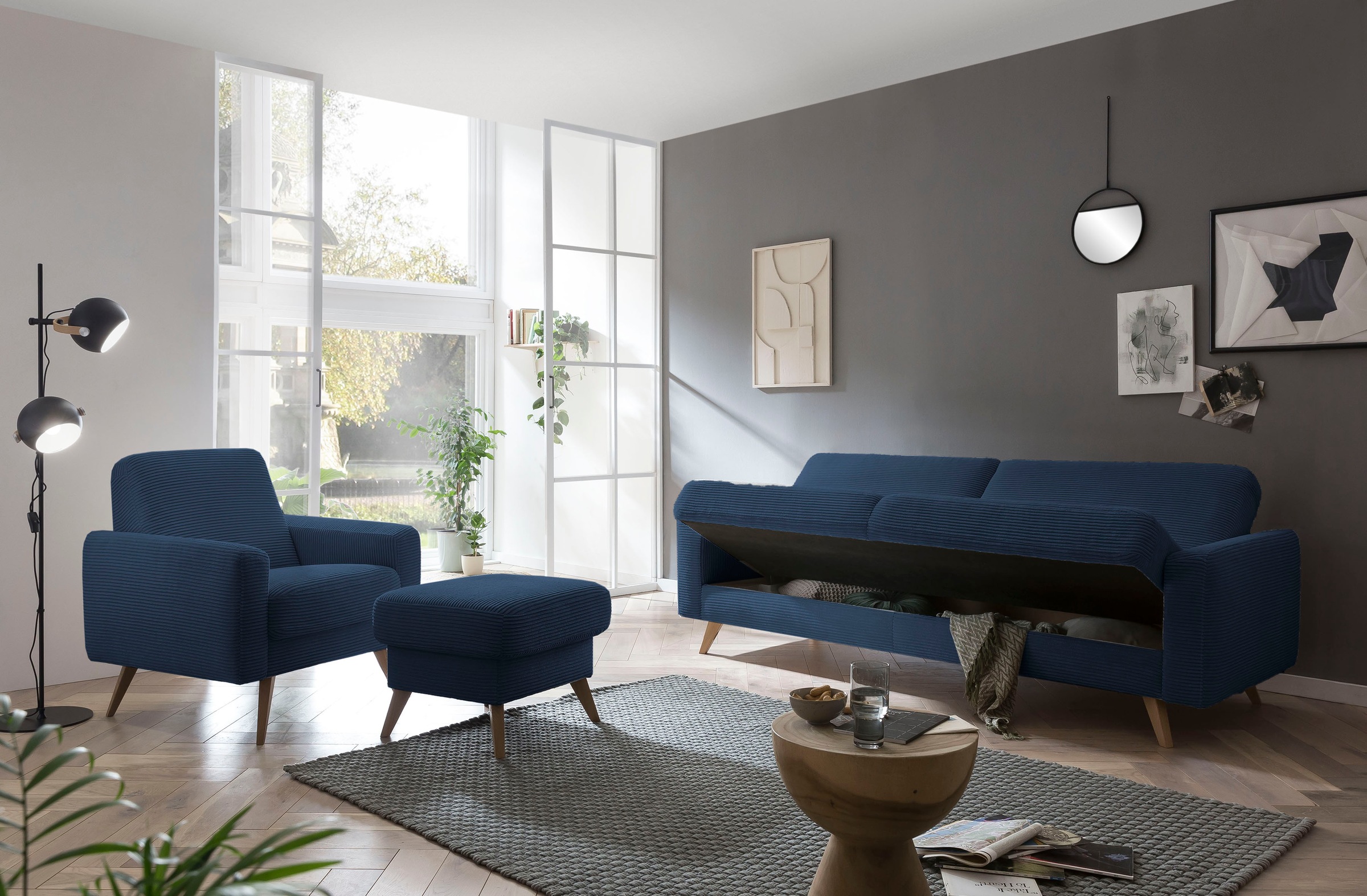 exxpo - sofa fashion 3-Sitzer »Samso, elegant und bequem, aktueller Cord Bezug, Kippcouch«, hochwertige Verarbeitung, Schlafsofa inkl. Bettfunktion und Bettkasten
