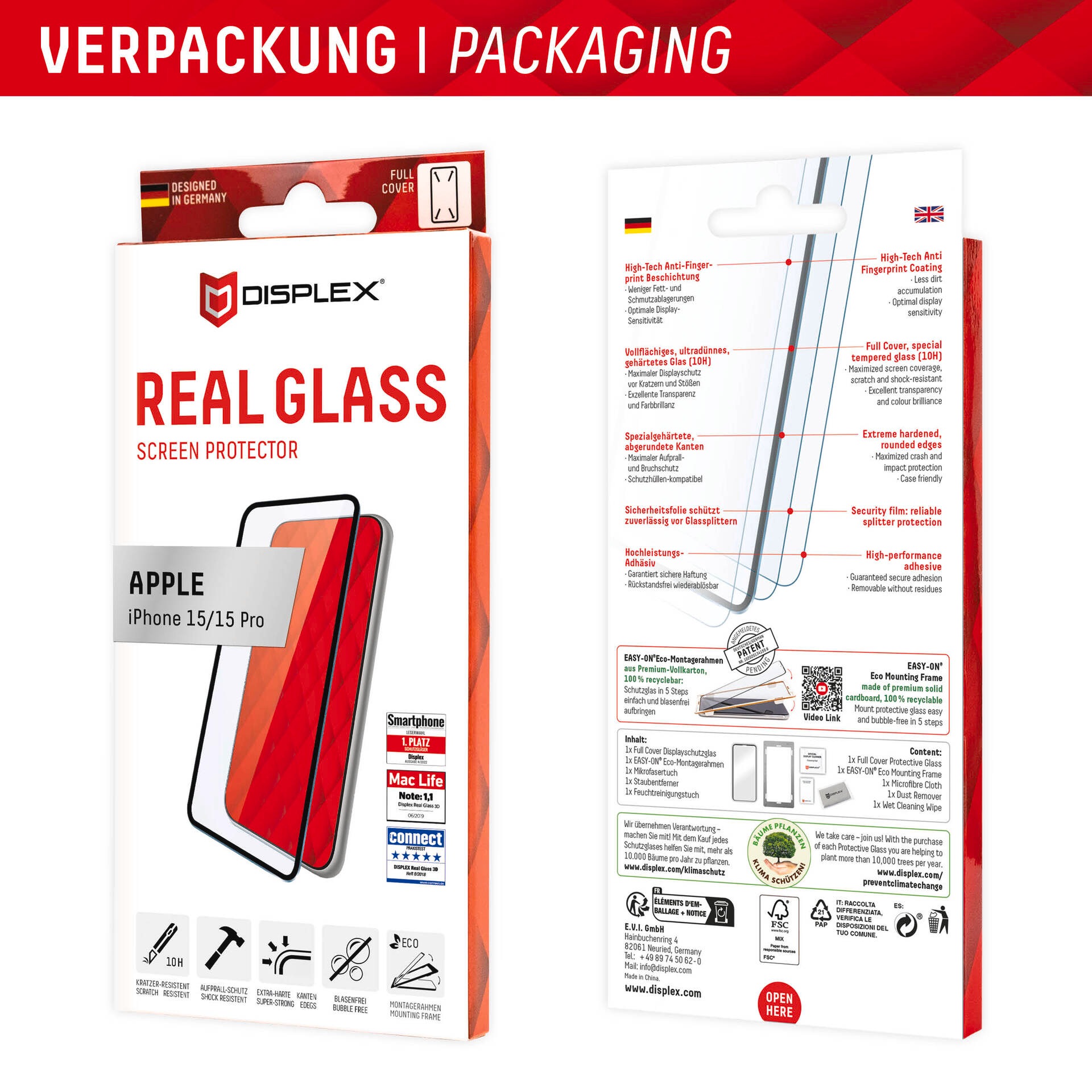 Displex Displayschutzglas »Real Glass FC« für Apple iPhone 15;Apple iPhone 15 Pro Displayschutzfolie Displayschutz kratzer-resistent 10H splitterfest
