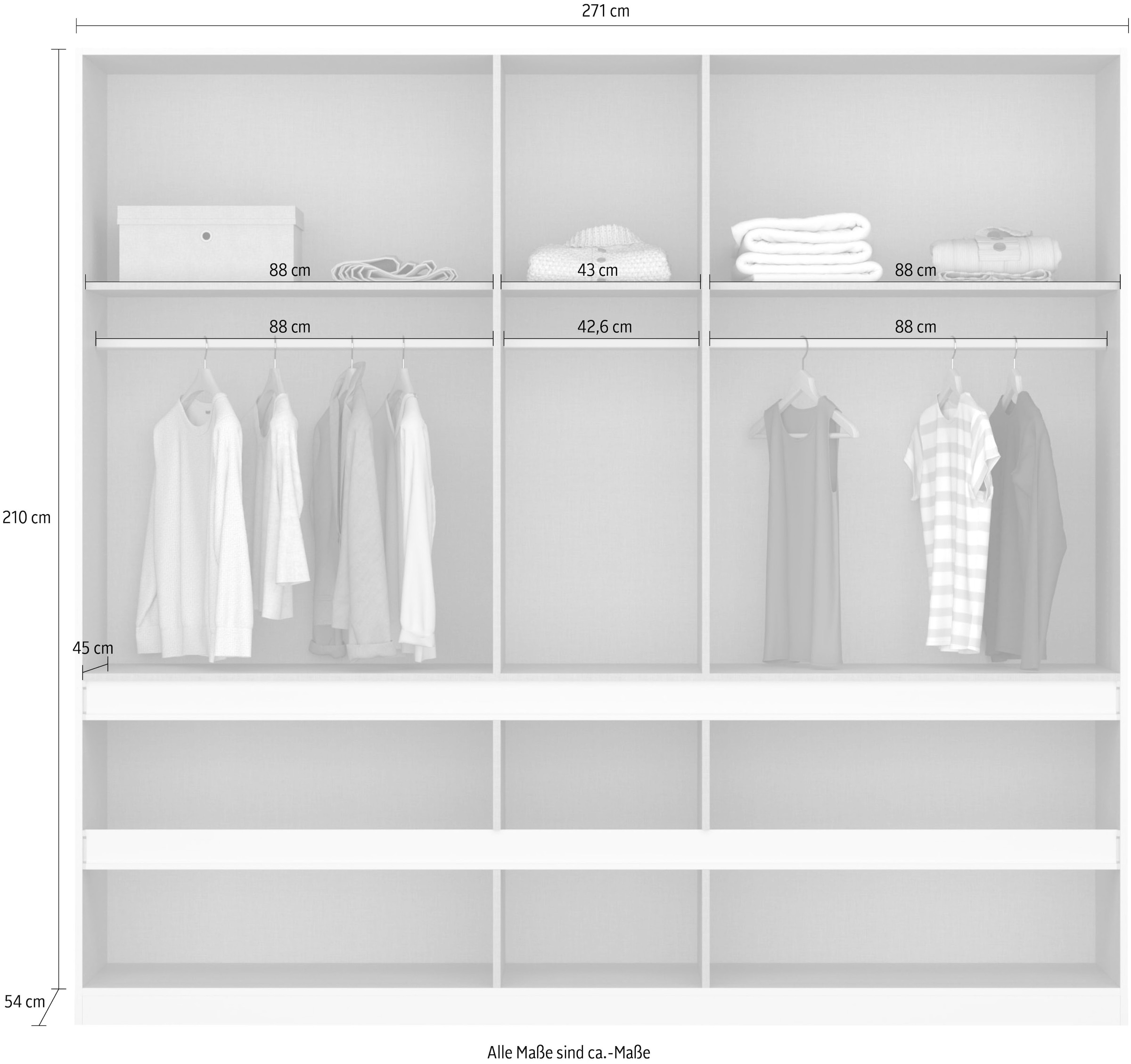 rauch Kleiderschrank »Schrank Garderobe Schlafzimmerschrank Ankleide Mietswohnung MADRID« Alpinweiss, grifflose Front, Schubladen mit Griffmulde MADE IN GERMANY
