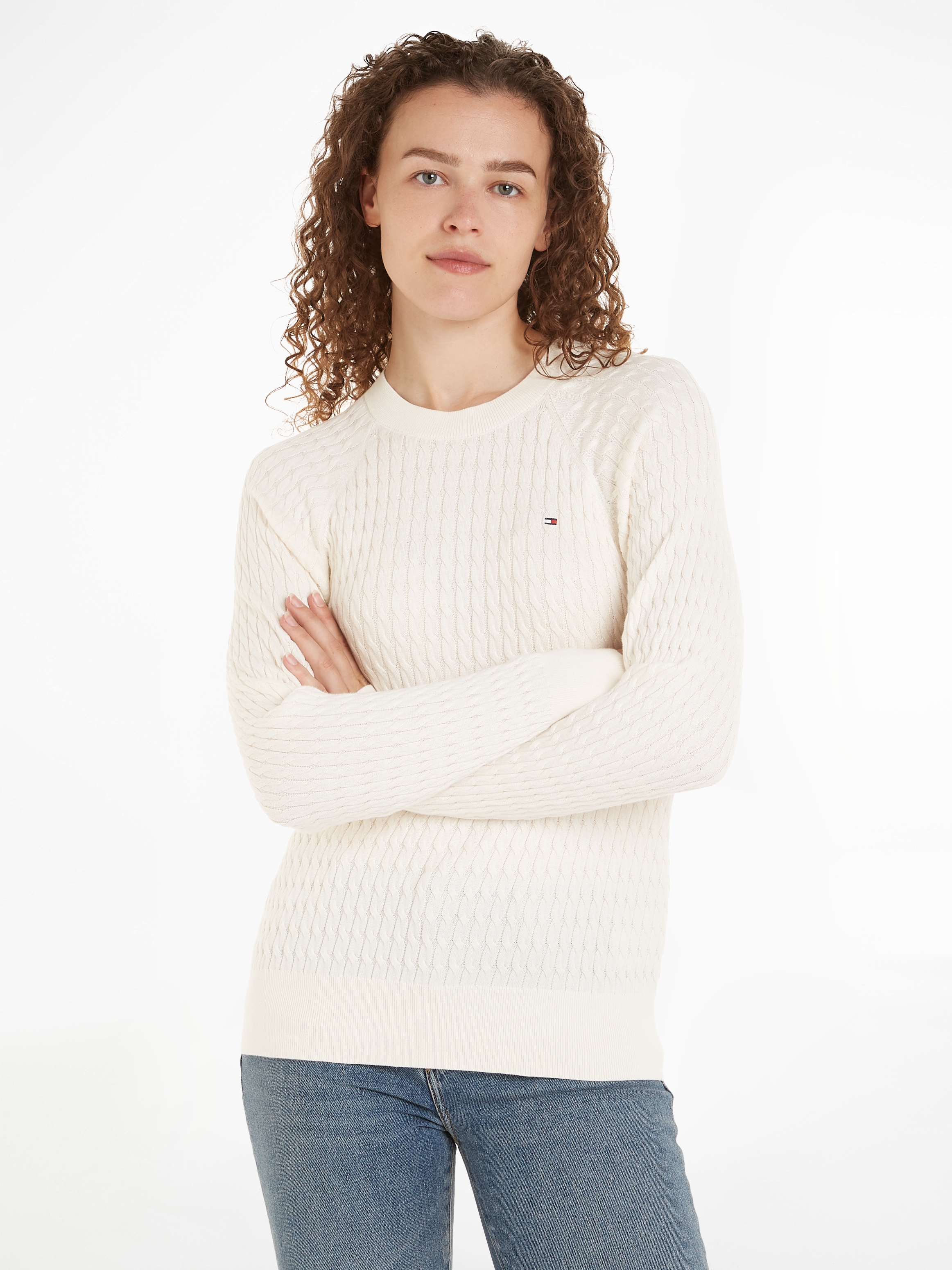 Tommy Hilfiger Rundhalspullover »CO CABLE C-NK SWEATER«, mit Zopfmuster