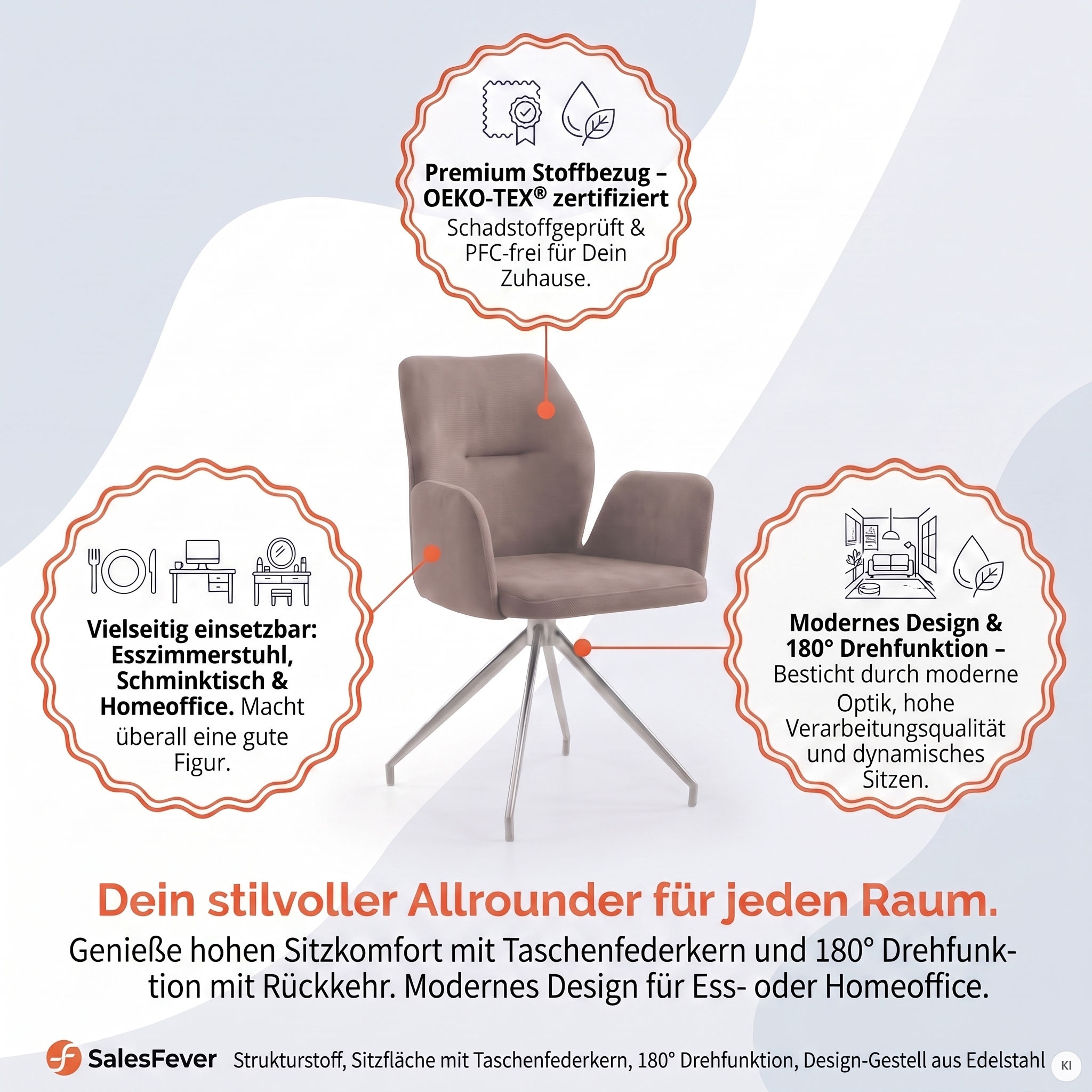 SalesFever Chaise de salle à manger »Taormina Armlehnstuhl mit silbernem Edelstahlgestell« () 1 cuisfauteuil de salle à manger, rotation 180°, structure en acier inoxydable
