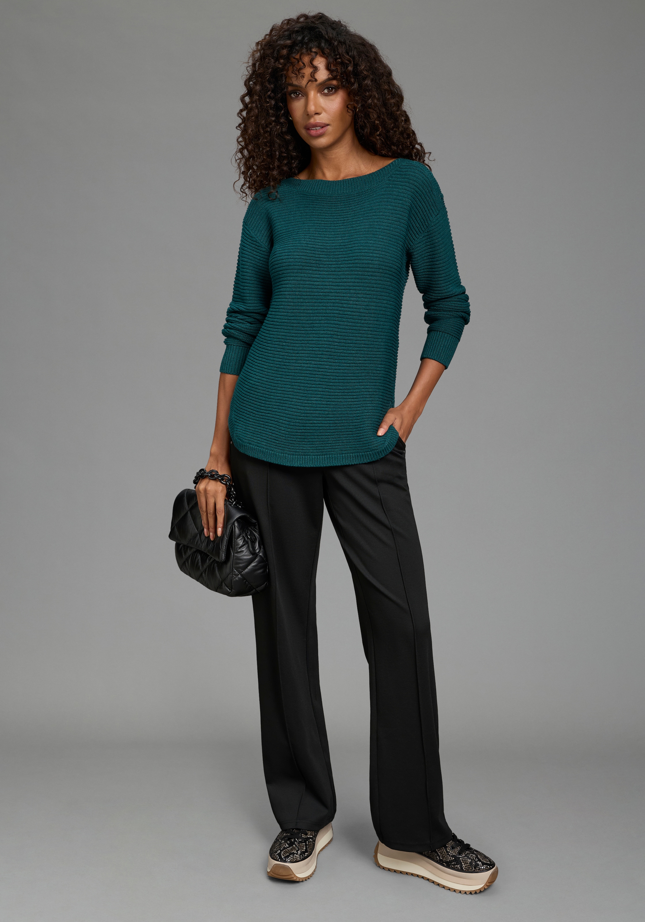 Bruno Banani Strickpullover »mit Zierschnürung« mit U-Boot-Ausschnitt, hüftlange Schnittform, elastisches Material