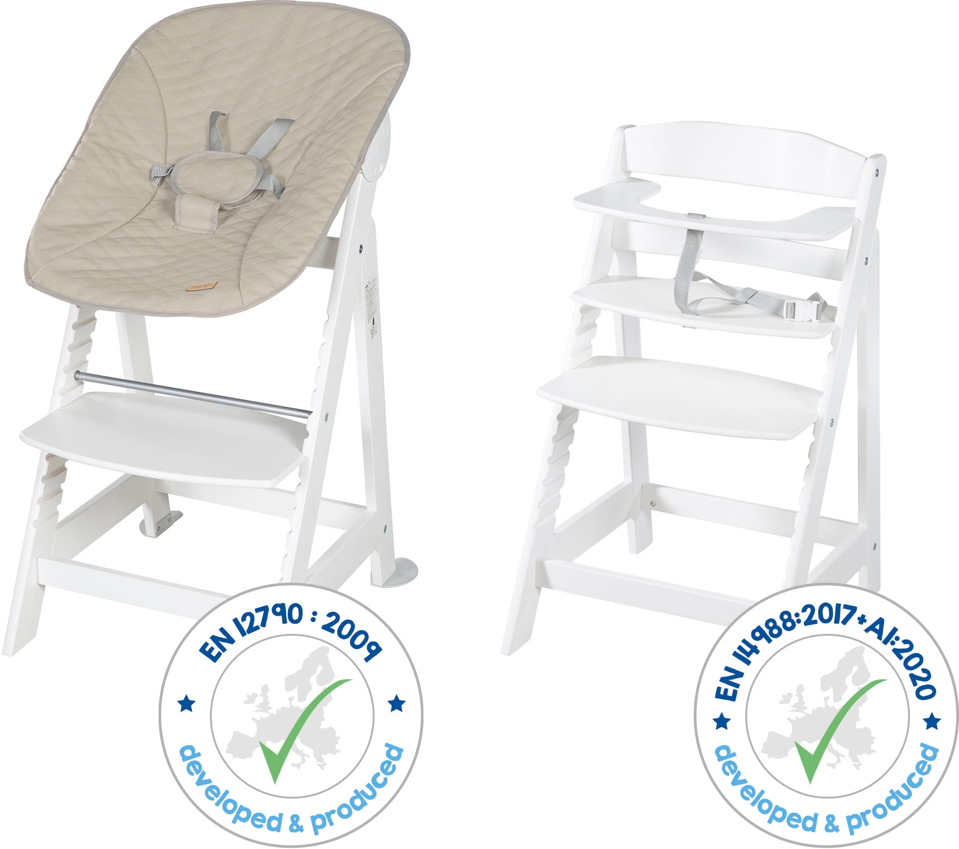 roba® Hochstuhl »Treppenhochstuhl 2-in-1 Set Born Up weiss«, mit Neugeborenen-Aufsatz, Greyish gesteppt
