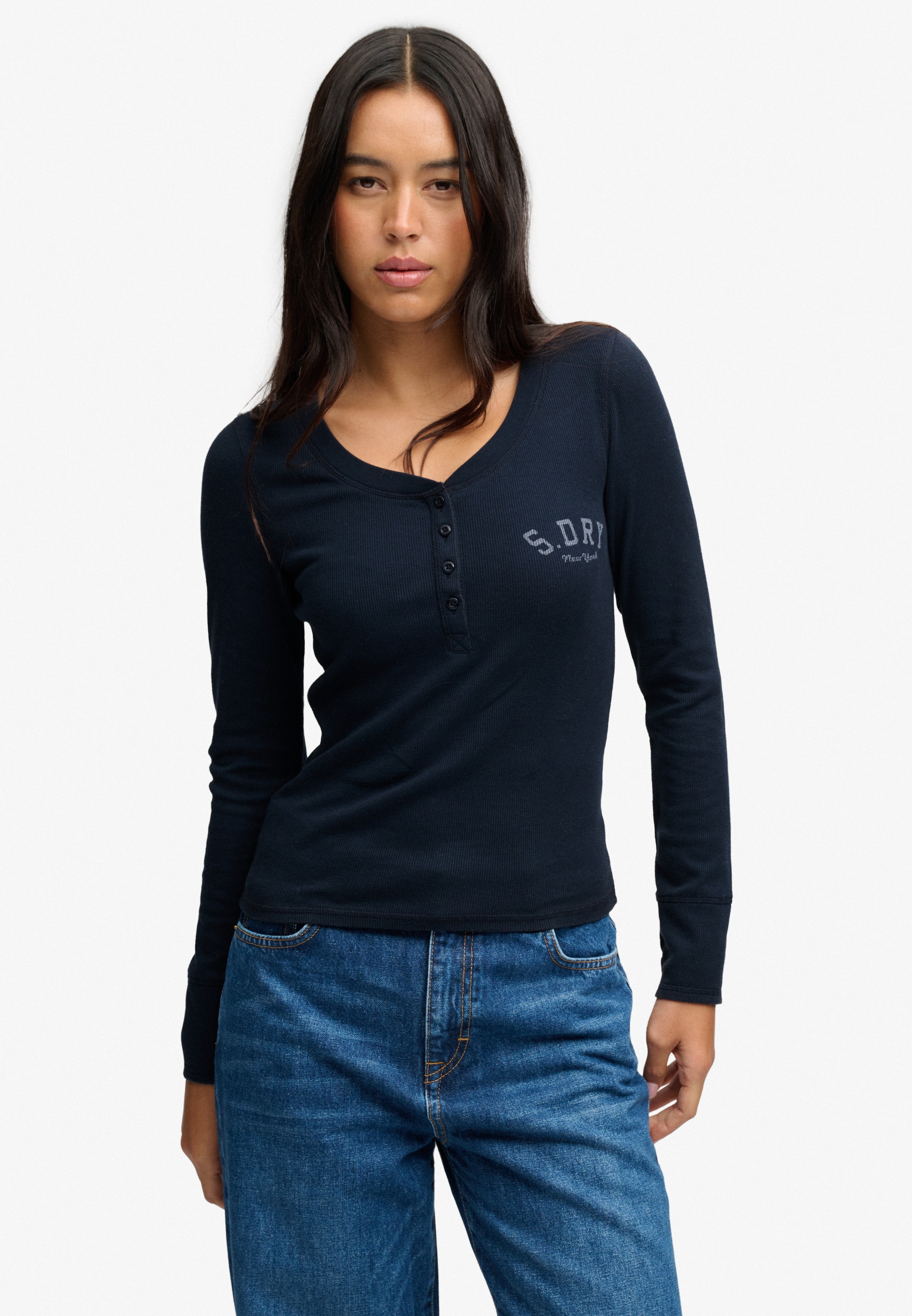 Image of Superdry Henleyshirt "ATHLETIC BUTTON DOWN LS TOP" Baumwollmischung, skinny fit