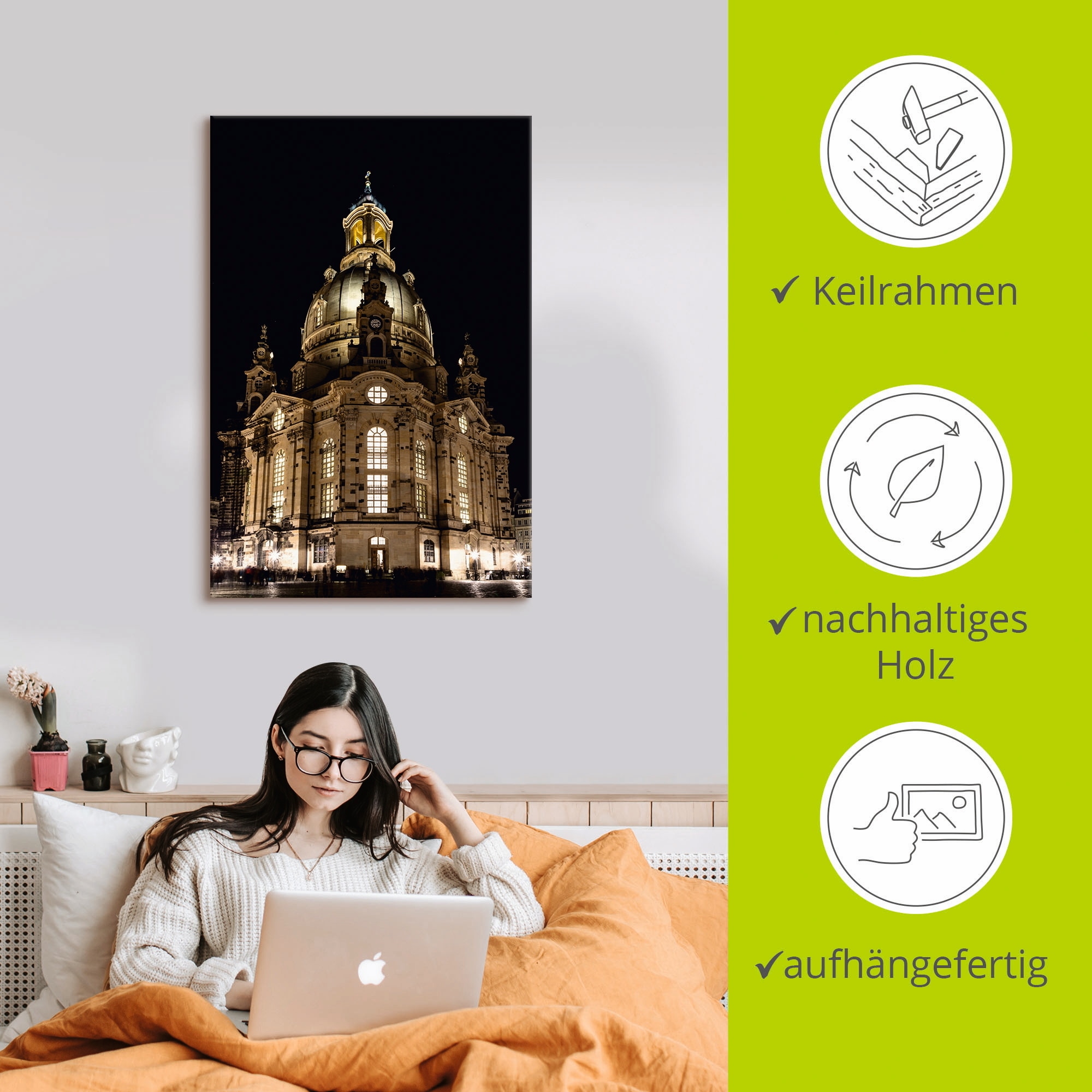 Artland Wandbild »Erleuchtete Frauenkirche in Dresden«, Gebäude, (1 St.), als Leinwandbild, Poster in verschied. Grössen