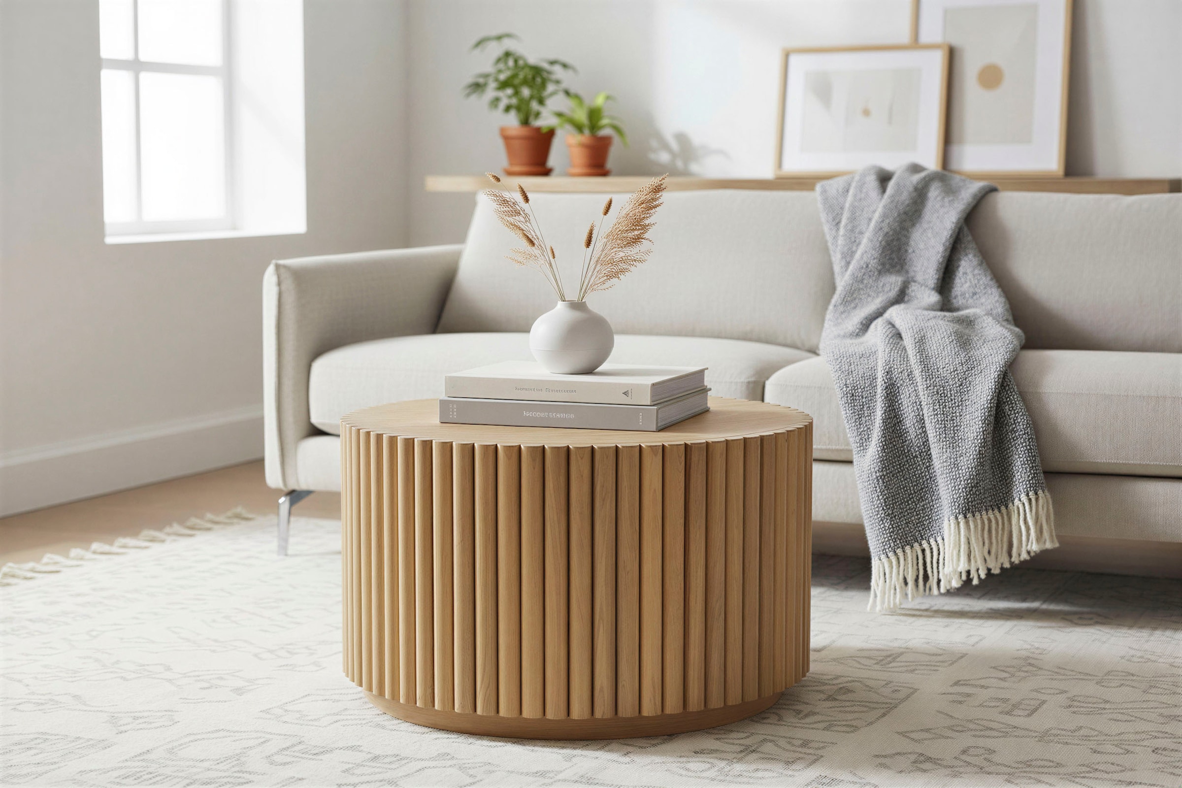 SIT Table basse »Vasto rund aus massivem Mangoholz mit extravagantem Ribbed-Look« Design de lamelles rondes avec pied de colonne marqué et socle de 3 cm